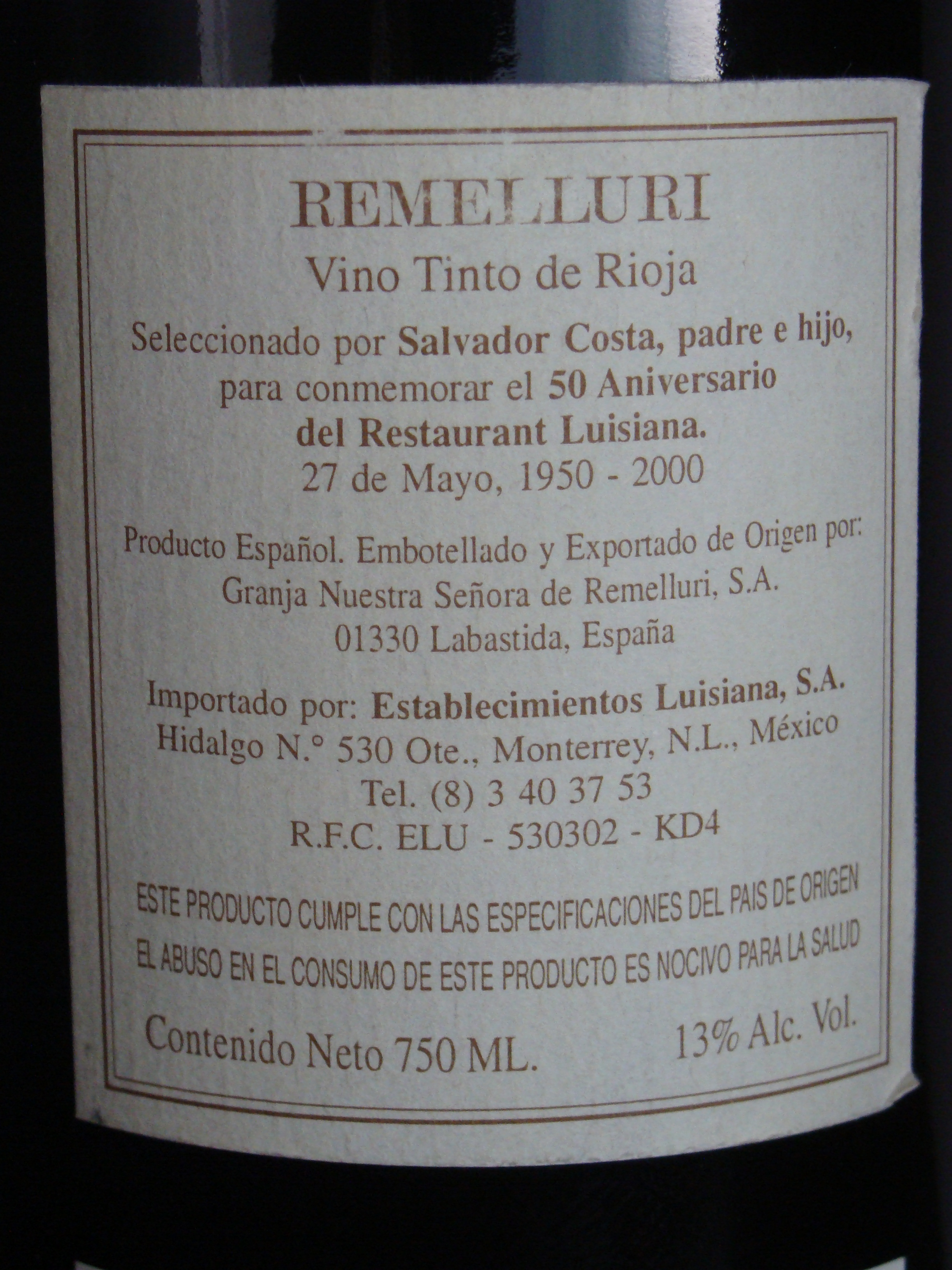Vino conmemorativo del 50 aniversario de Restaurant Luisiana.