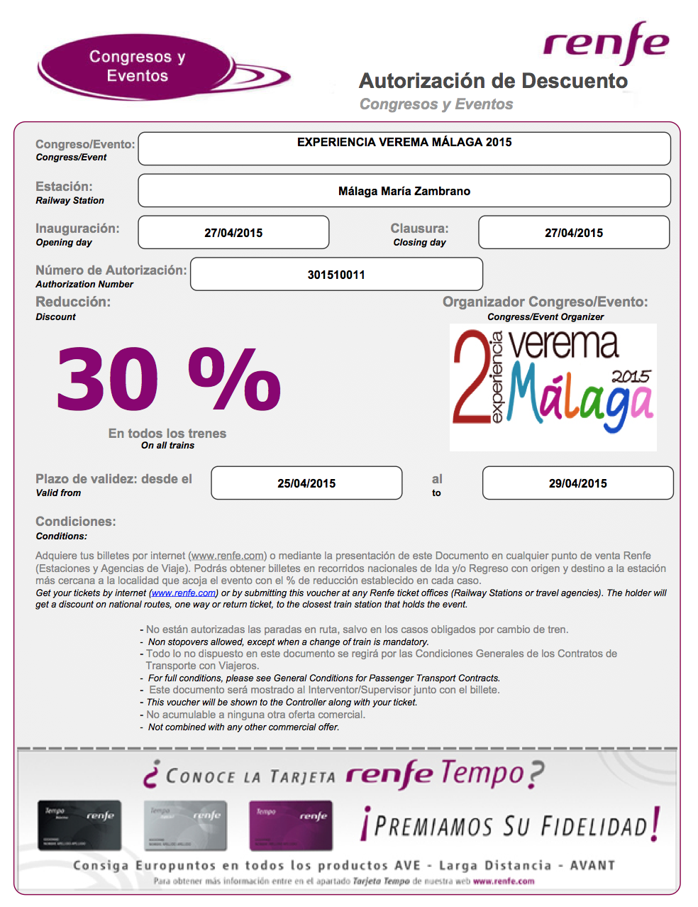 Descuento Renfe para ir a la Experiencia Verema Málaga