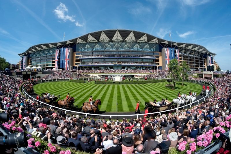 ASCOT, ENGLAND - JUNE 17: A general view of the Grandstand and Parade Ring during the Royal Procession on day one of Royal Ascot at Ascot Racecourse on June 17, 2014 in Ascot, England. (Photo by Alan Crowhurst/Getty Images for Ascot Racecourse)