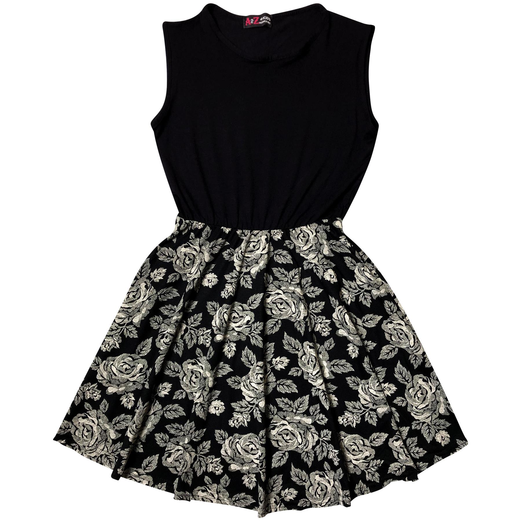 Infantil Vestido Skater Floral Panel de Contraste Fiesta Verano Danza 7-13 Año