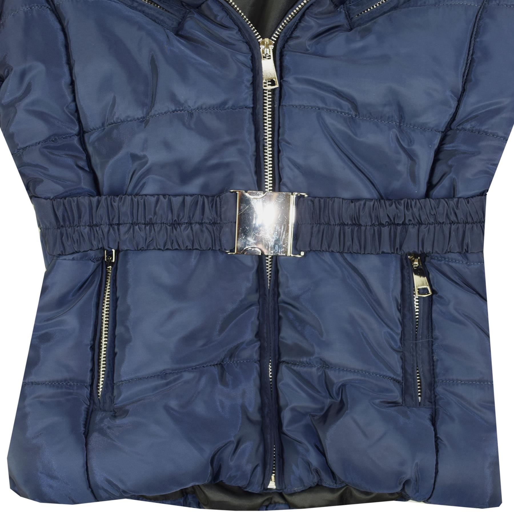 Kids Girls Jacket Puffer Hooded Faux Fur Padded Zipped Belted Slim Fit Warm Coat
