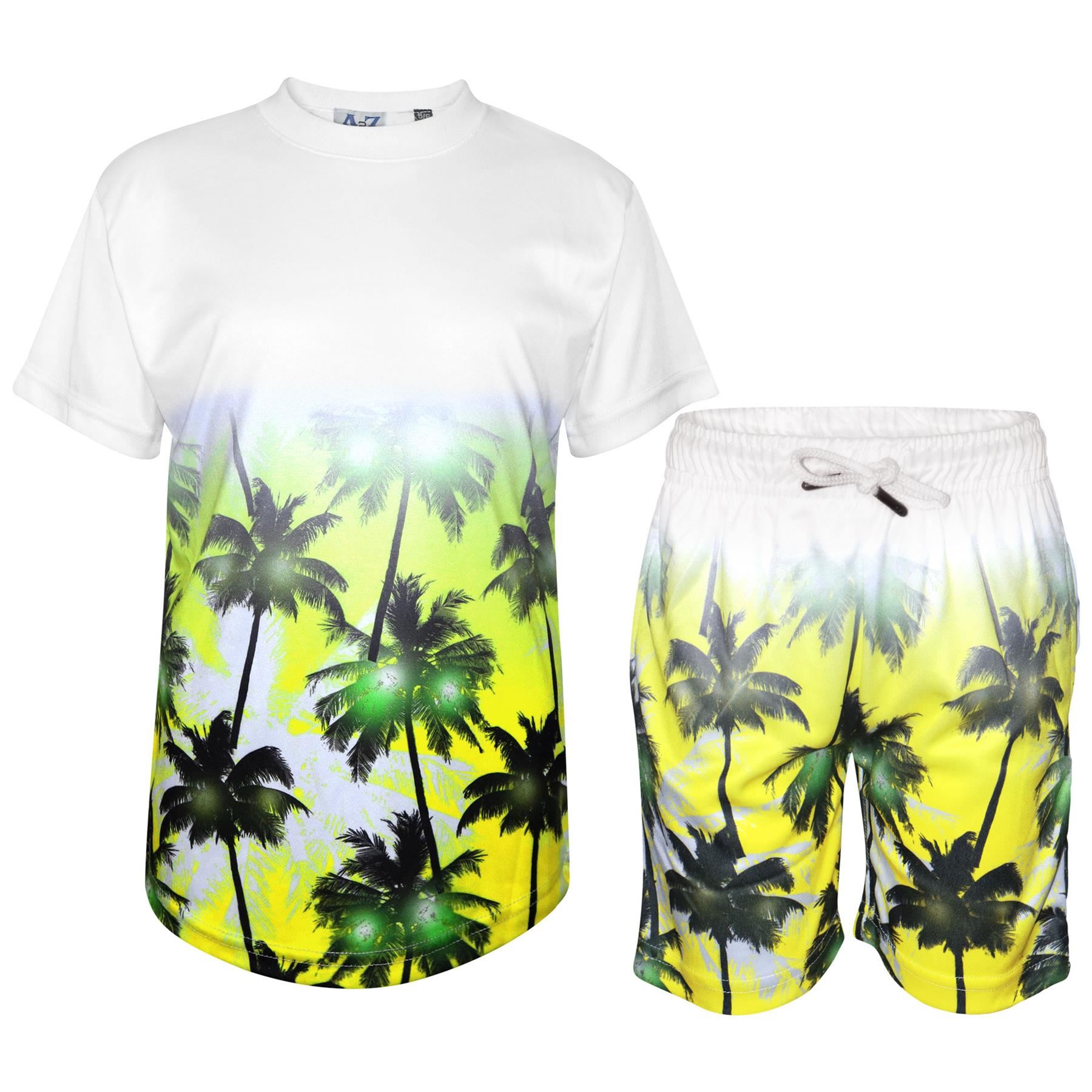 Niño Camiseta Pantalones Cortos Palmeras Desteñir Dos Tonos Amarillo Verano Sets