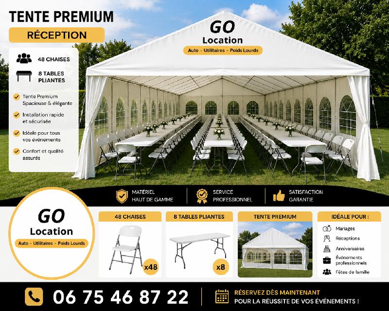 Un véhicule  de la catégorieChapiteau de réception 5x10m avec 8 tables et 48 chaises