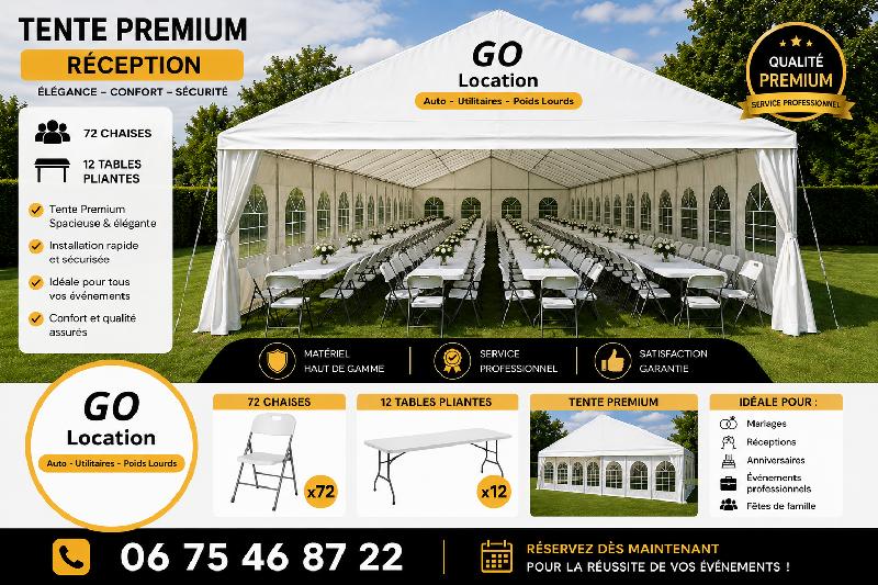 Un véhicule  de la catégorieChapiteau de réception 6x12m avec 72 chaises et 12 tables