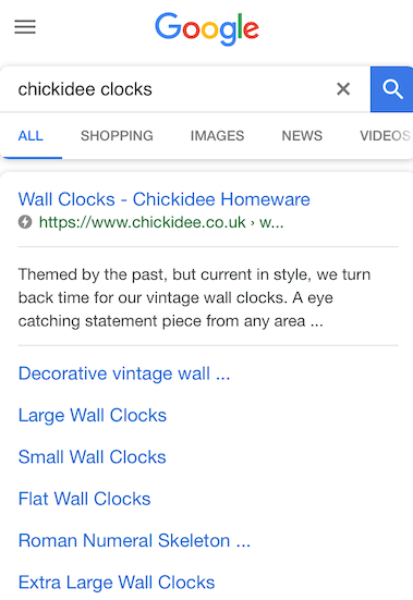 Google AMP result when searching for 'Chickidee clocks'