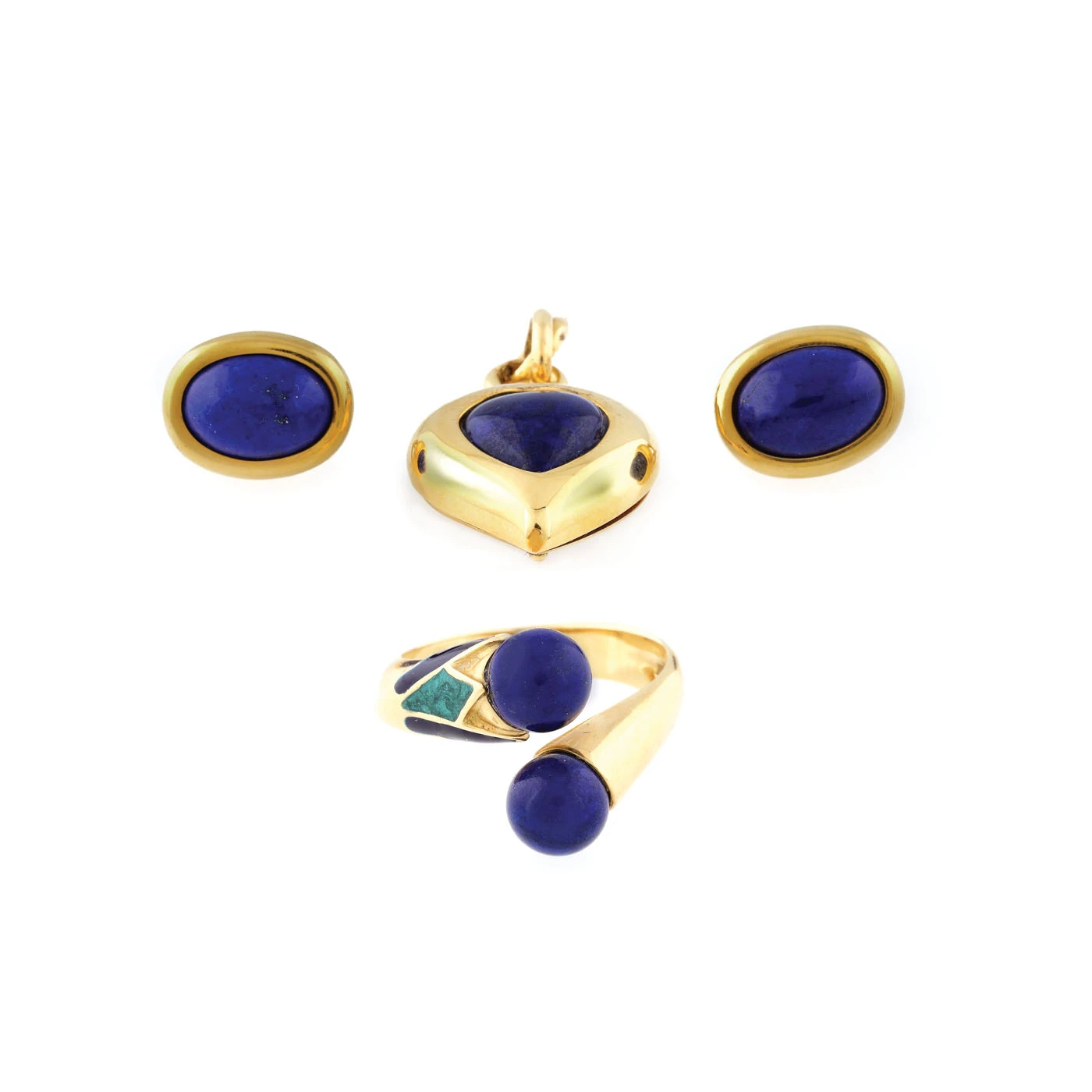 Set din aur, decorat cu Lapis Lazuli, compus din pereche de cercei, pandantiv și inel