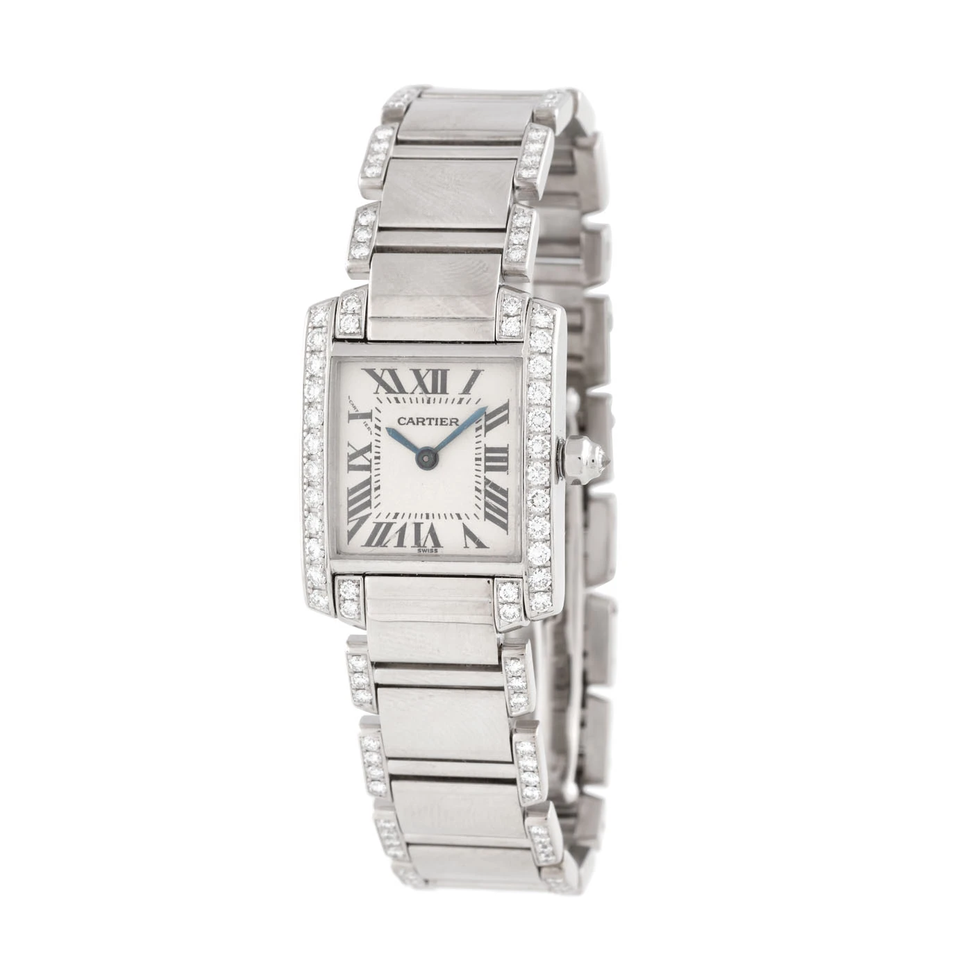 Ceas Cartier Tank Française, de mână, de damă, din aur alb, decorat cu diamante