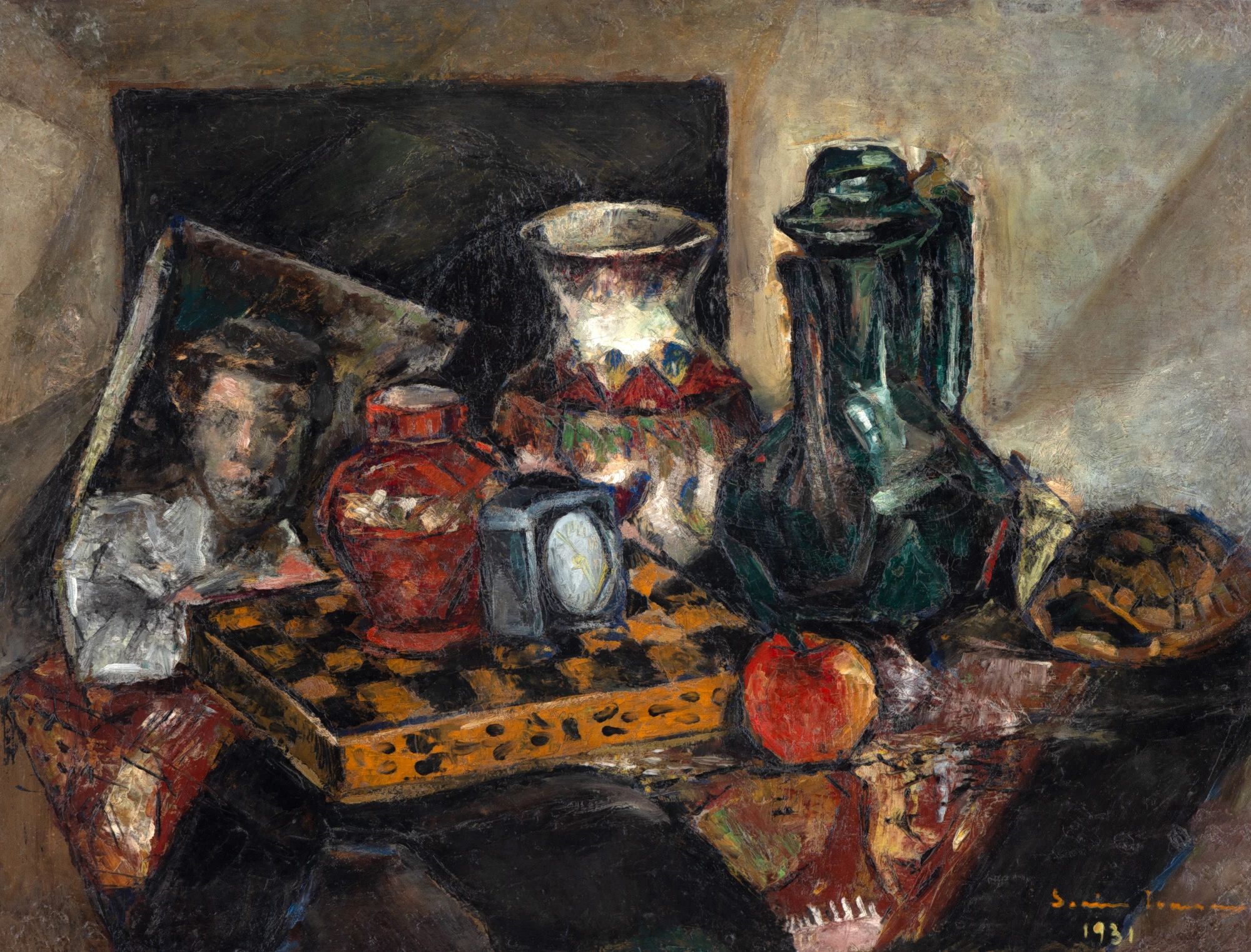 Still life with vases and a chessboard