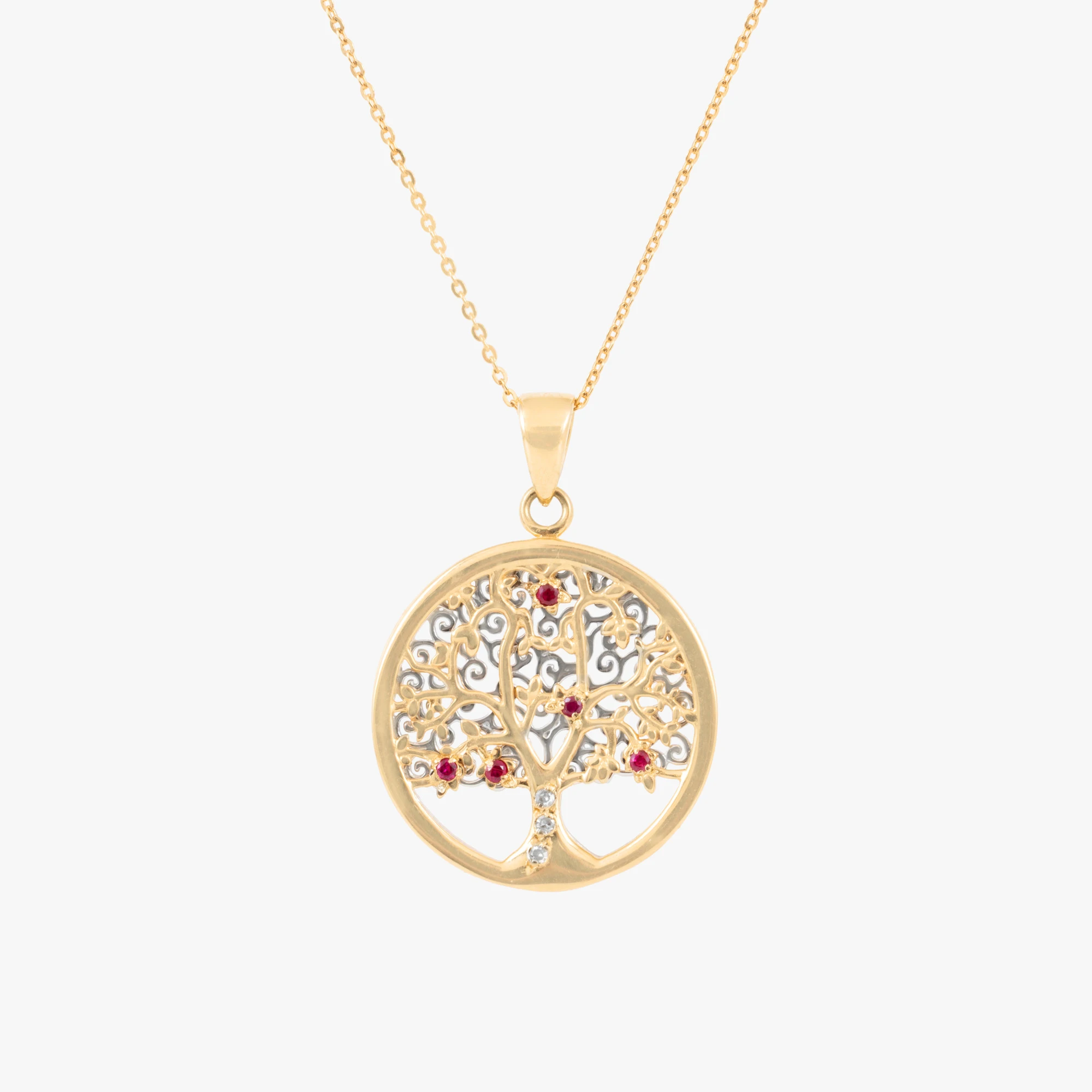 "The Tree of Life" - bicolor gold chain with pendant in the shape of the Tree of Life, decorated with rubies and diamonds