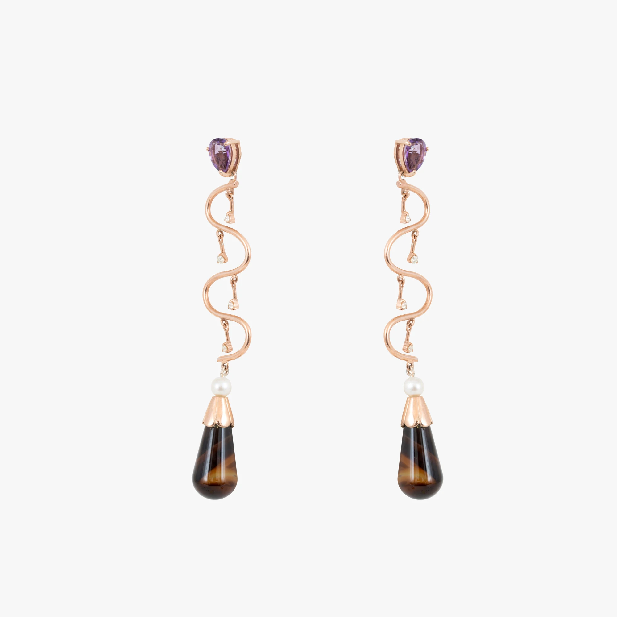 Pair of gold-plated silver earrings decorated with amethysts and diamonds