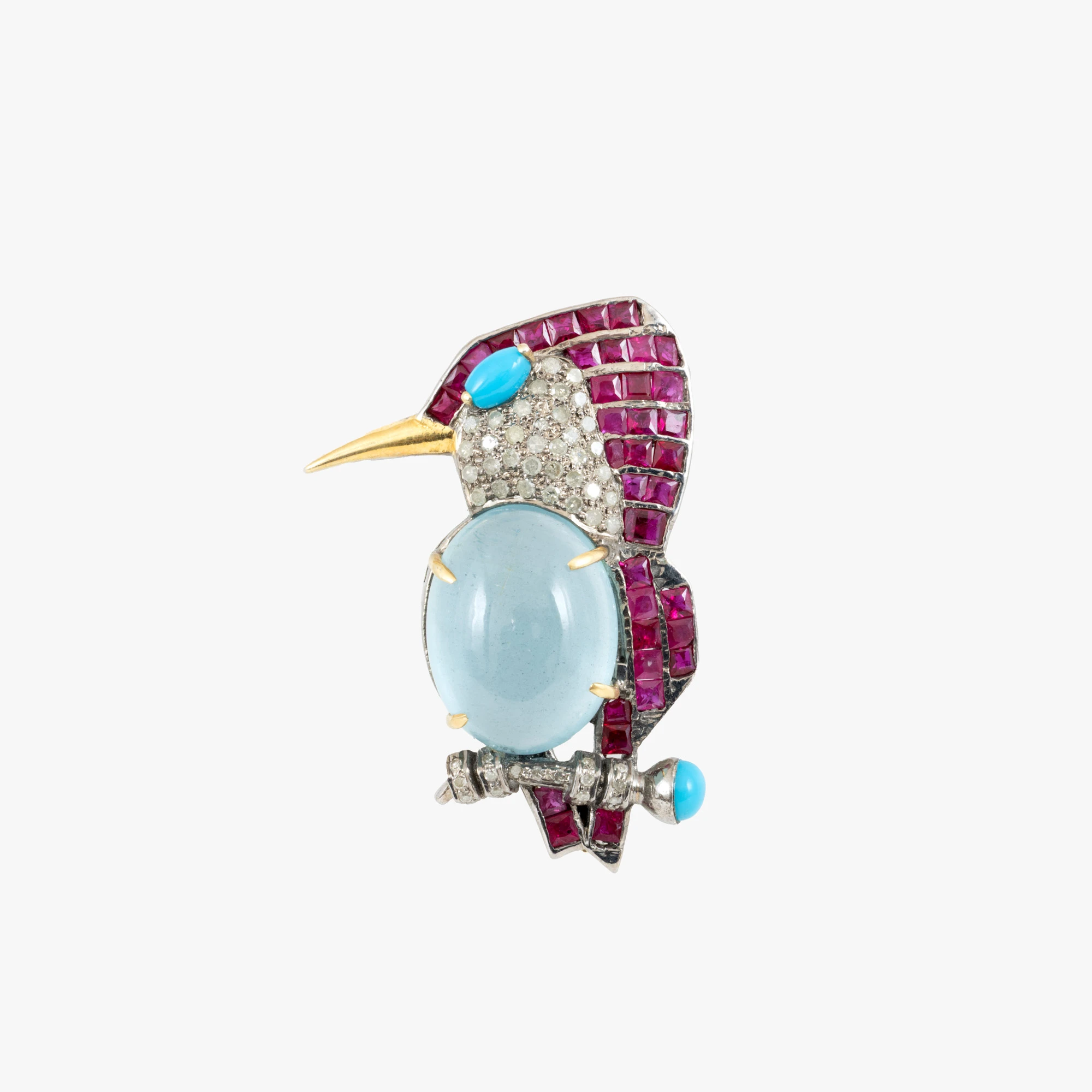 "Woodpecker" - silver brooch decorated with turquoise, aquamarine, diamonds, and rubies