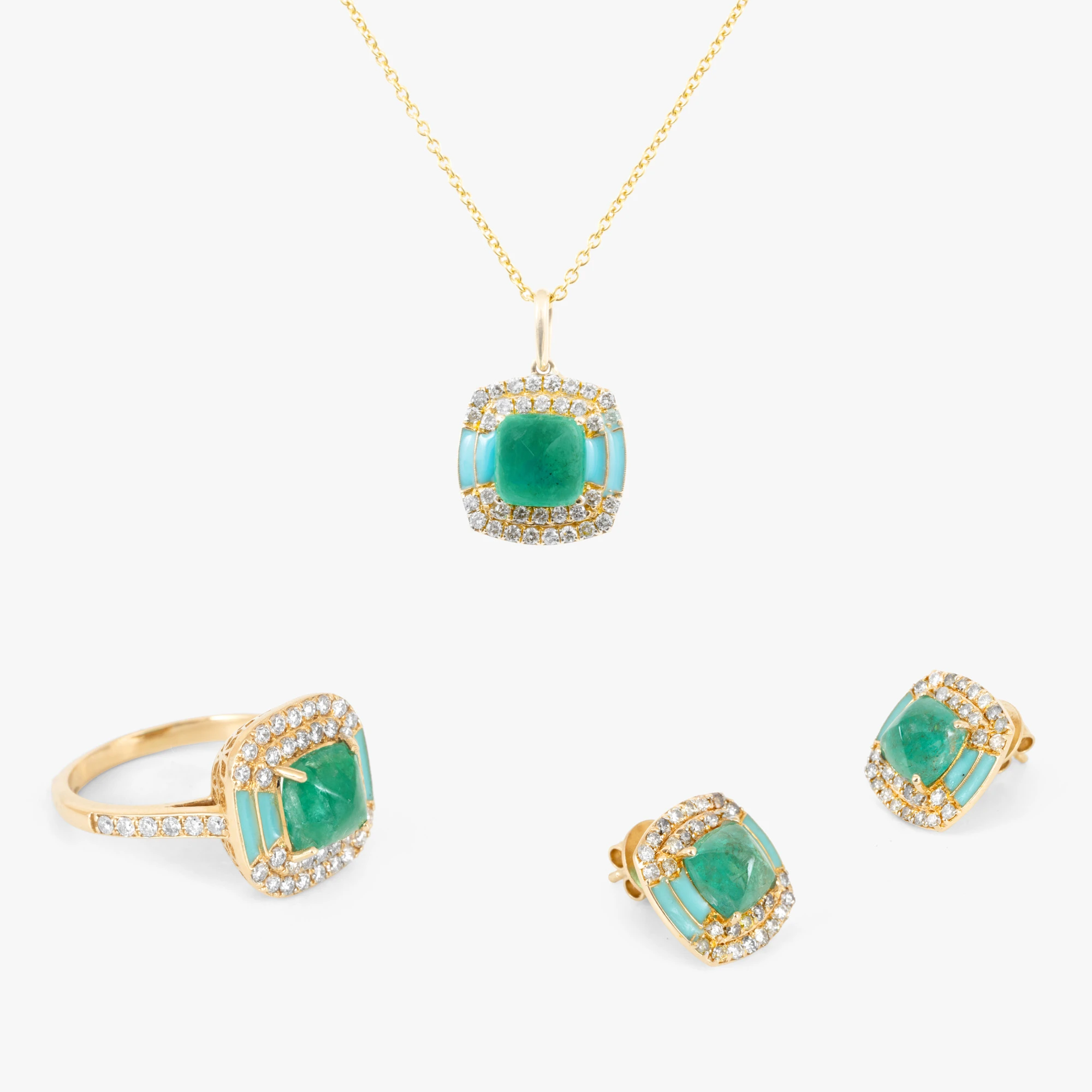 Gold chain set with pendant, ring, and pair of earrings, decorated with emeralds, enamel, and diamonds