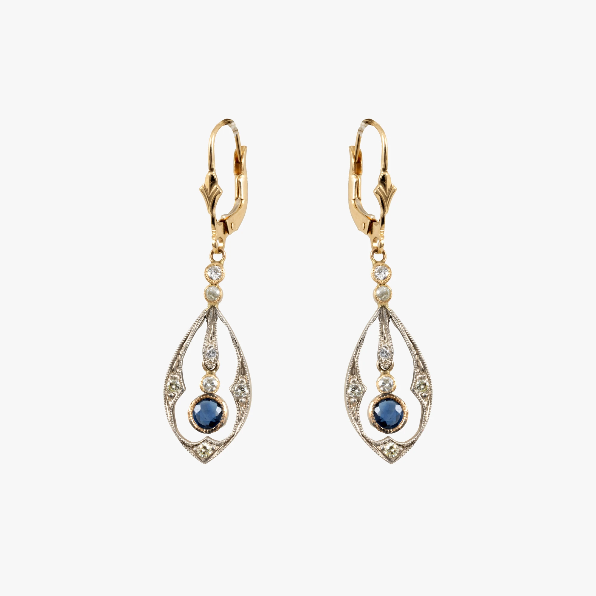 Pair of Art Deco earrings made of gold and silver, decorated with sapphires and diamonds