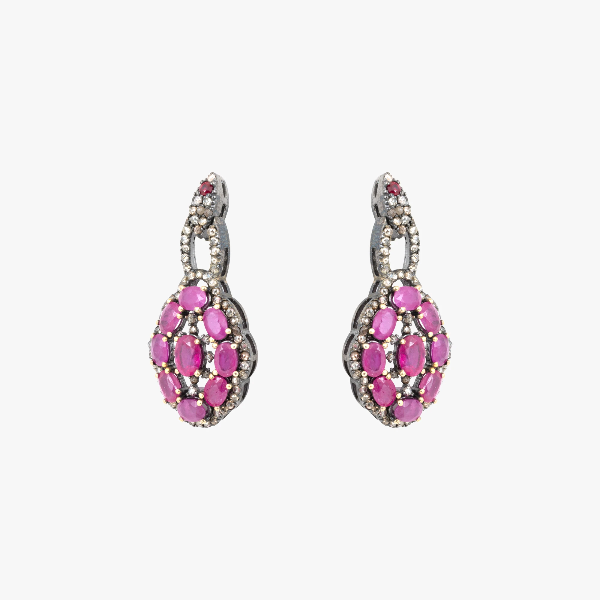 Pair of silver earrings decorated with diamonds and rubies