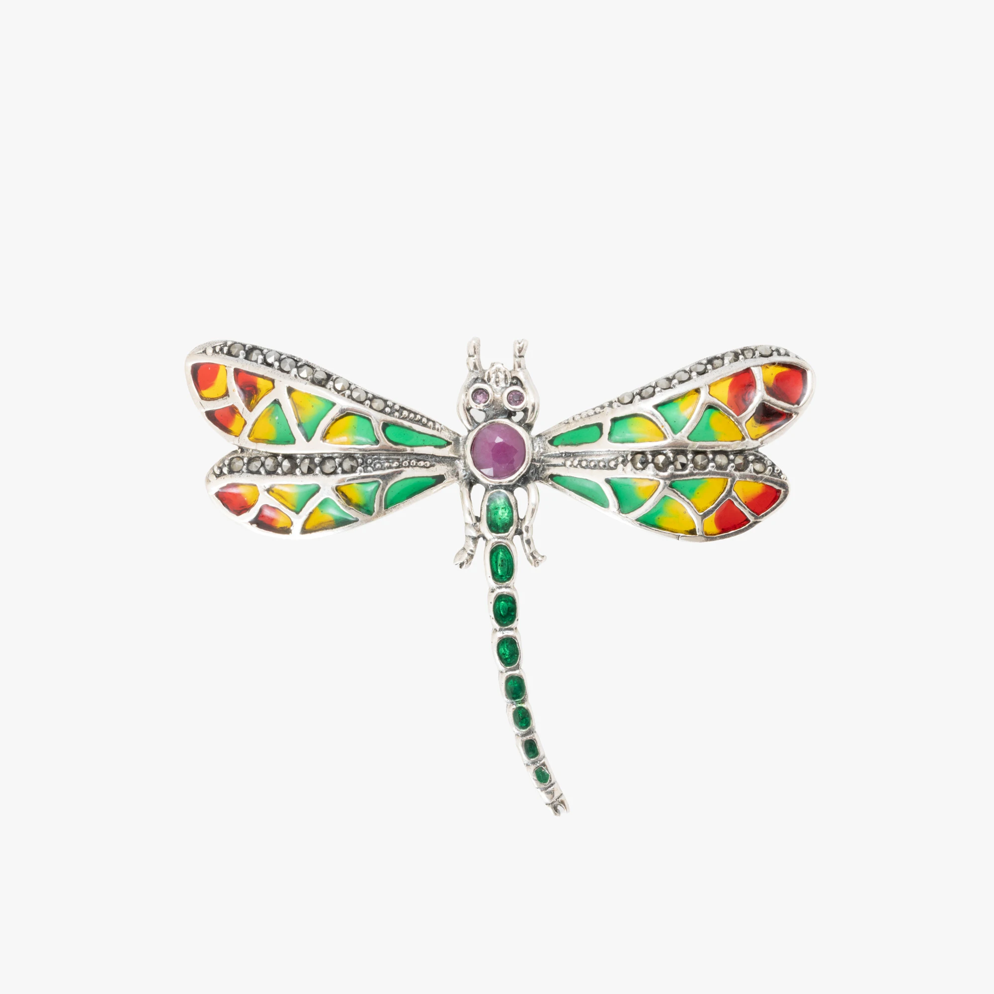 Silver brooch-pendant in the shape of a dragonfly, decorated with ruby and plique-à-jour enamel