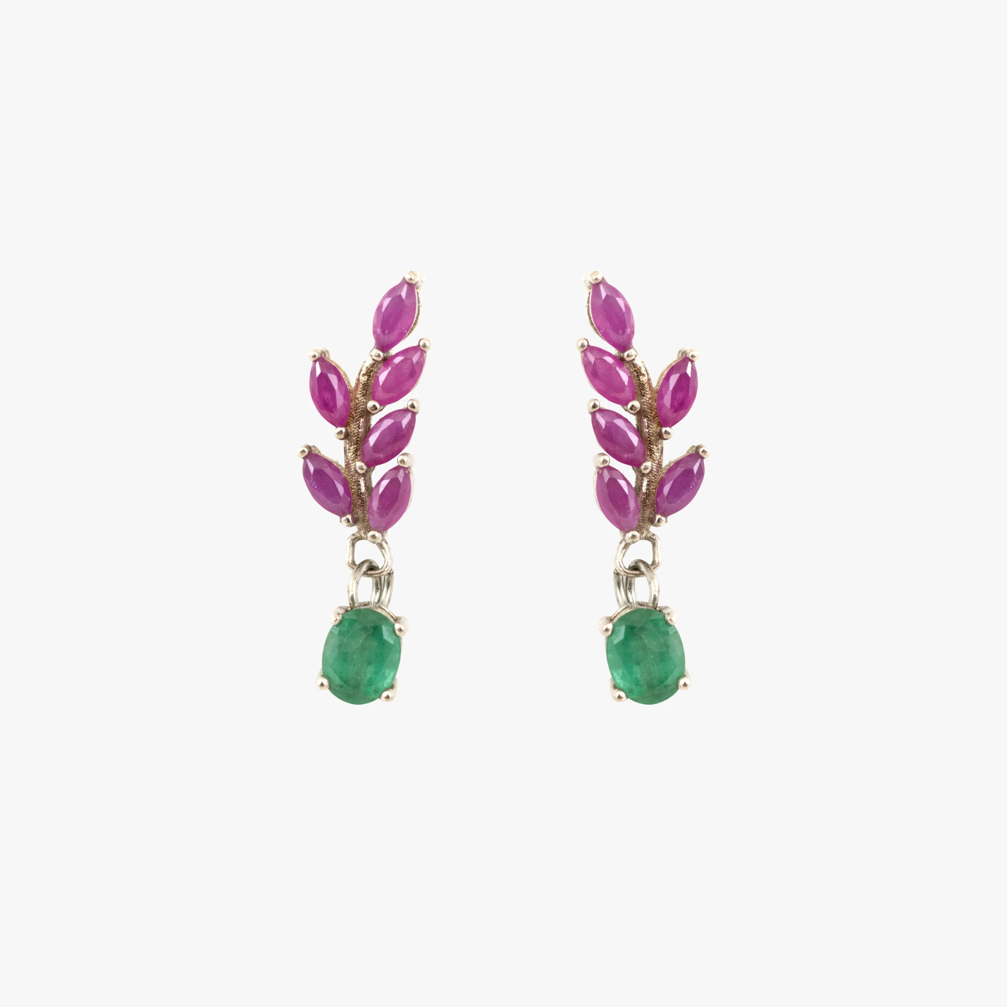Pair of silver earrings decorated with rubies and emeralds
