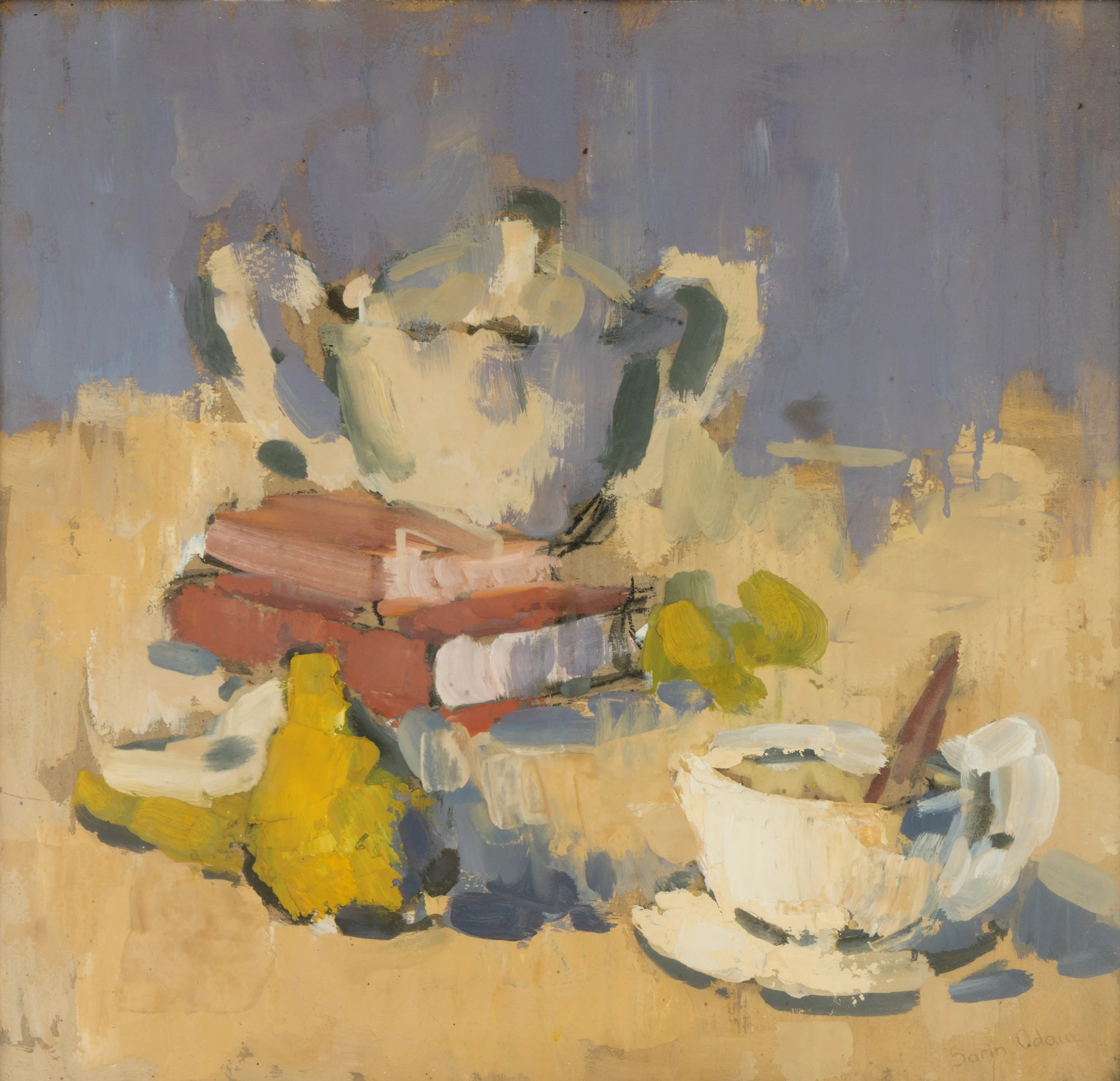 Still life with books and a yellow melon