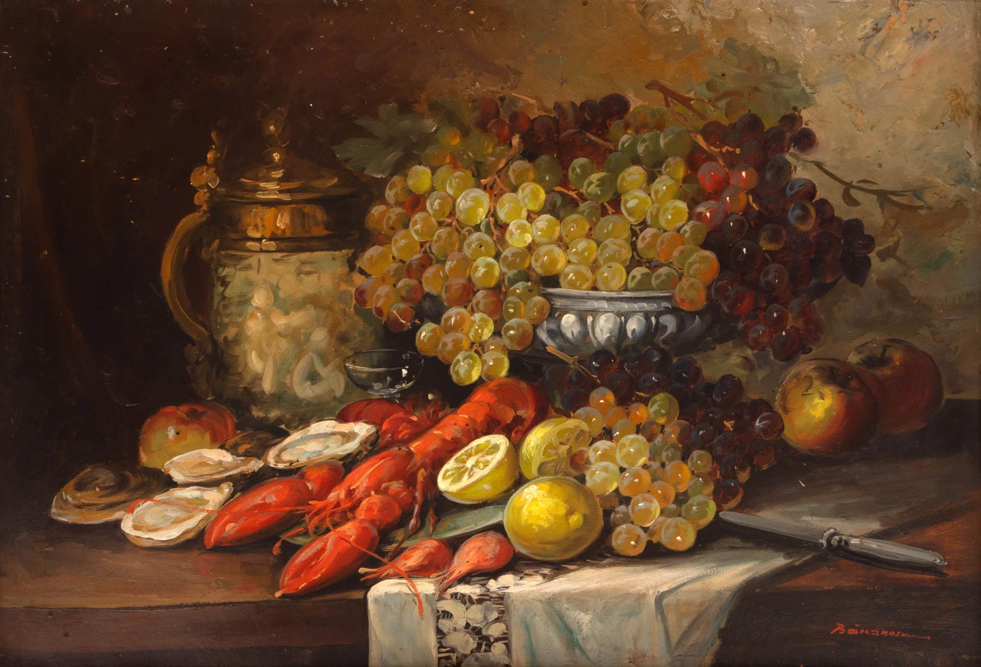 Still life with lobster and fruits