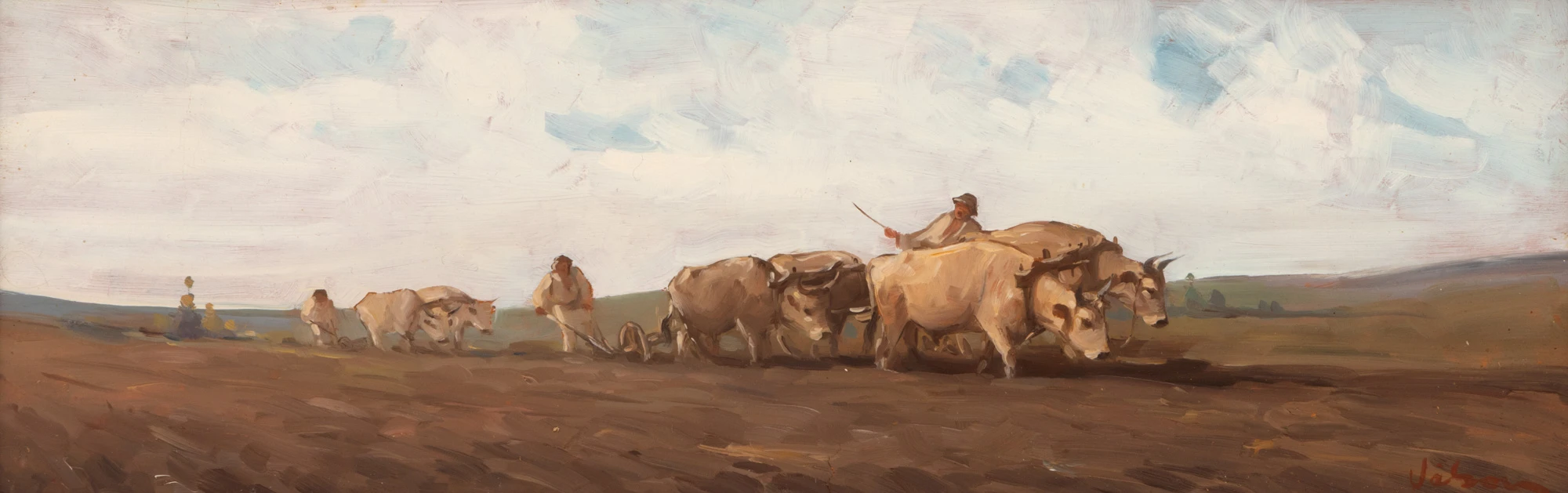 Villagers plowing