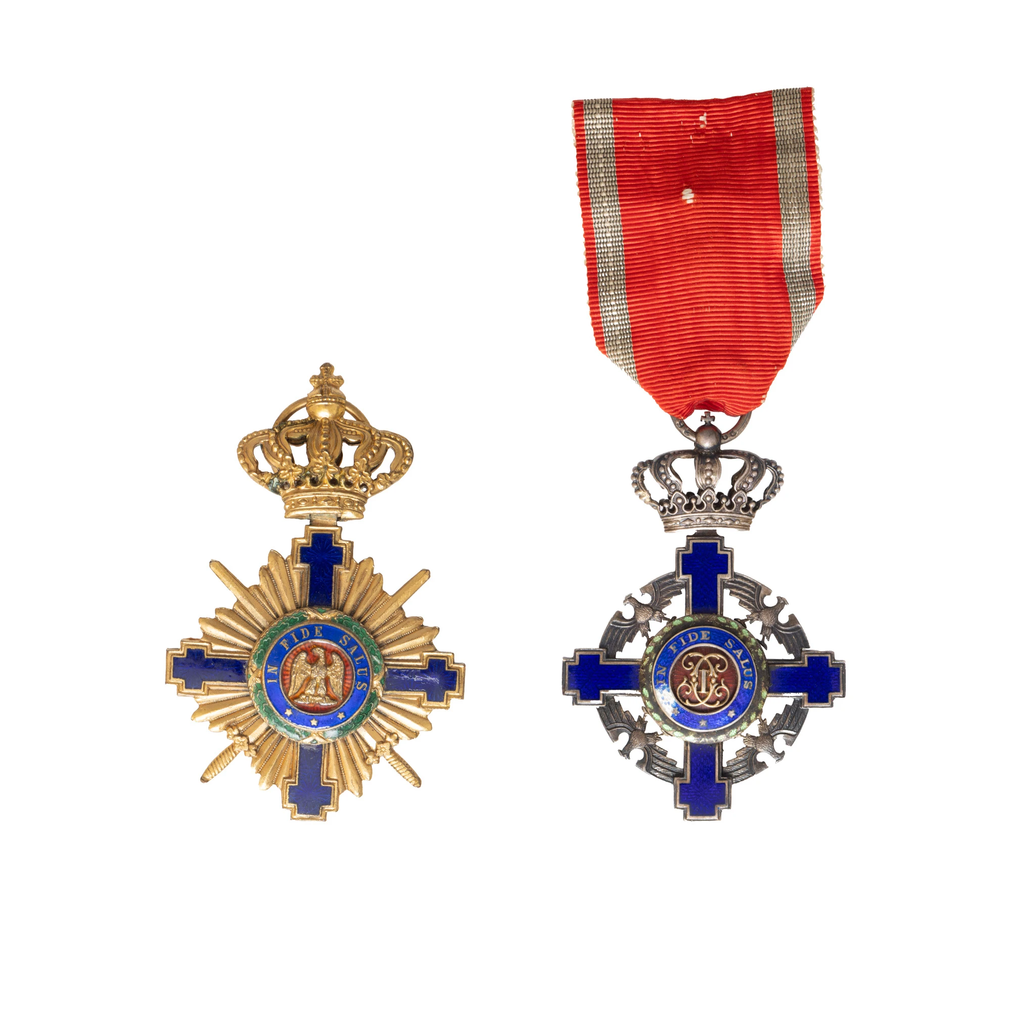 Lot format din două decorații ”Steaua României”, în grad de ofițer și cavaler, pe timp de pace și război, 1877/1932, argint