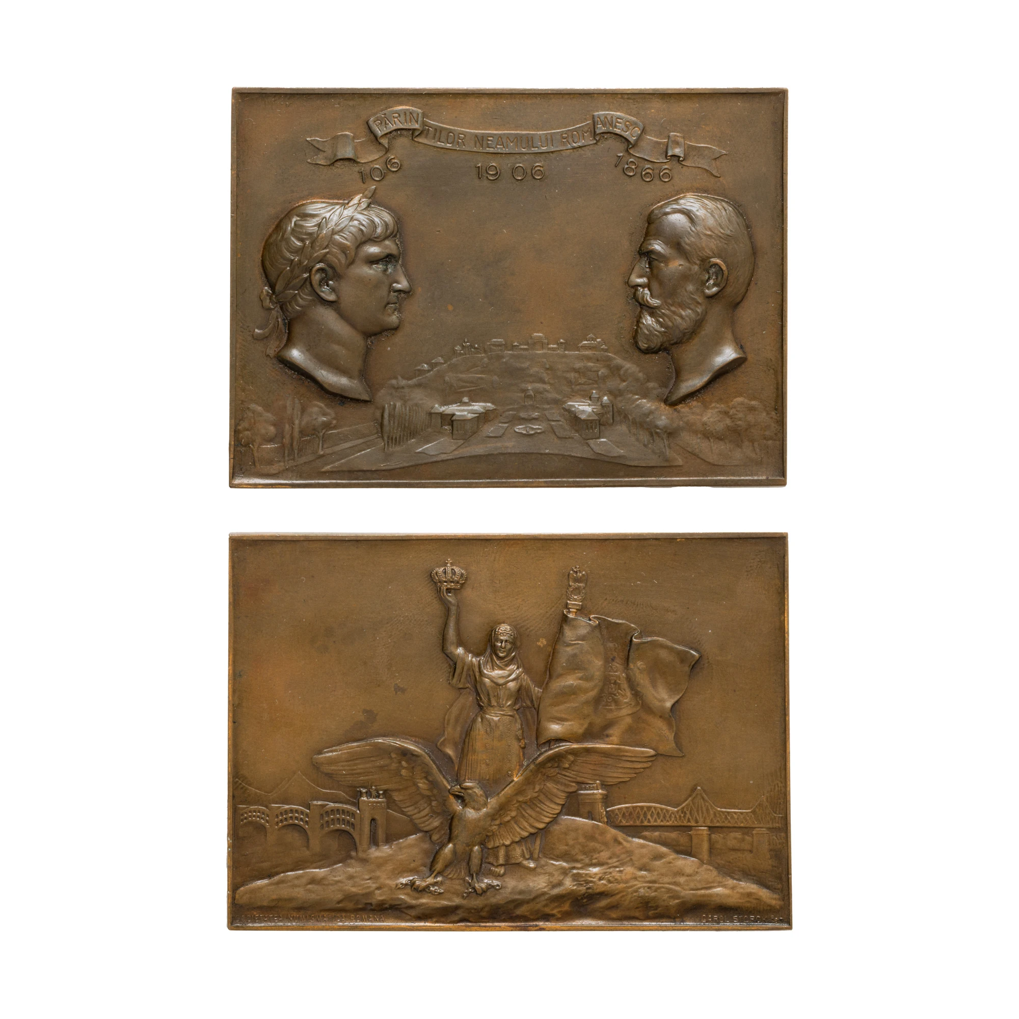 Plachetă ”Părinților Neamului Românesc - Expoziția Jubiliară”, gravor Carol Storck sub egida Societății Numismatice Române, 1906