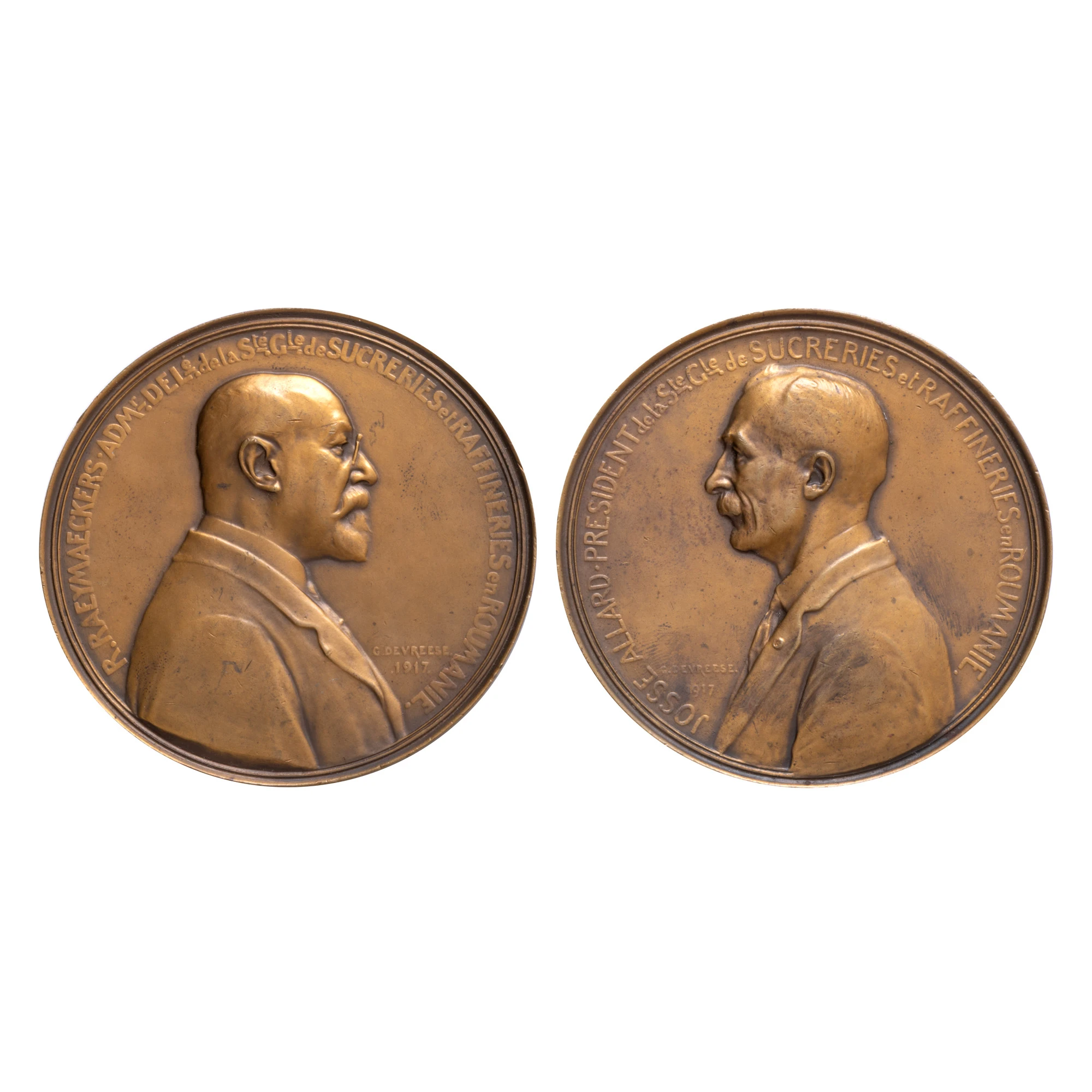 Lot format din două medalii ”Omagiul membrilor din Consiliul Administrativ și Colegiului Comisarilor”, către Josse Allard și R. Raeymaeckers, gravor Godfroid Devrese, 1917