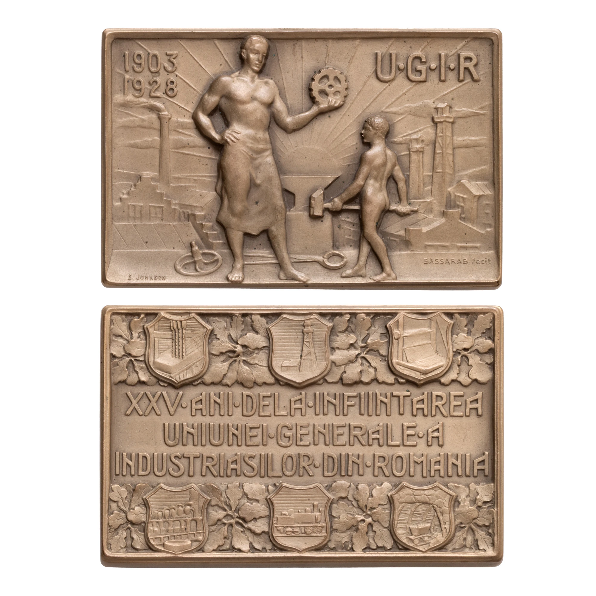 Placheta ”25 de ani de la înființarea Uniunii Generale a Industriașilor din România”, gravori S. Johnson și Alexandru Bassarab, 1928
