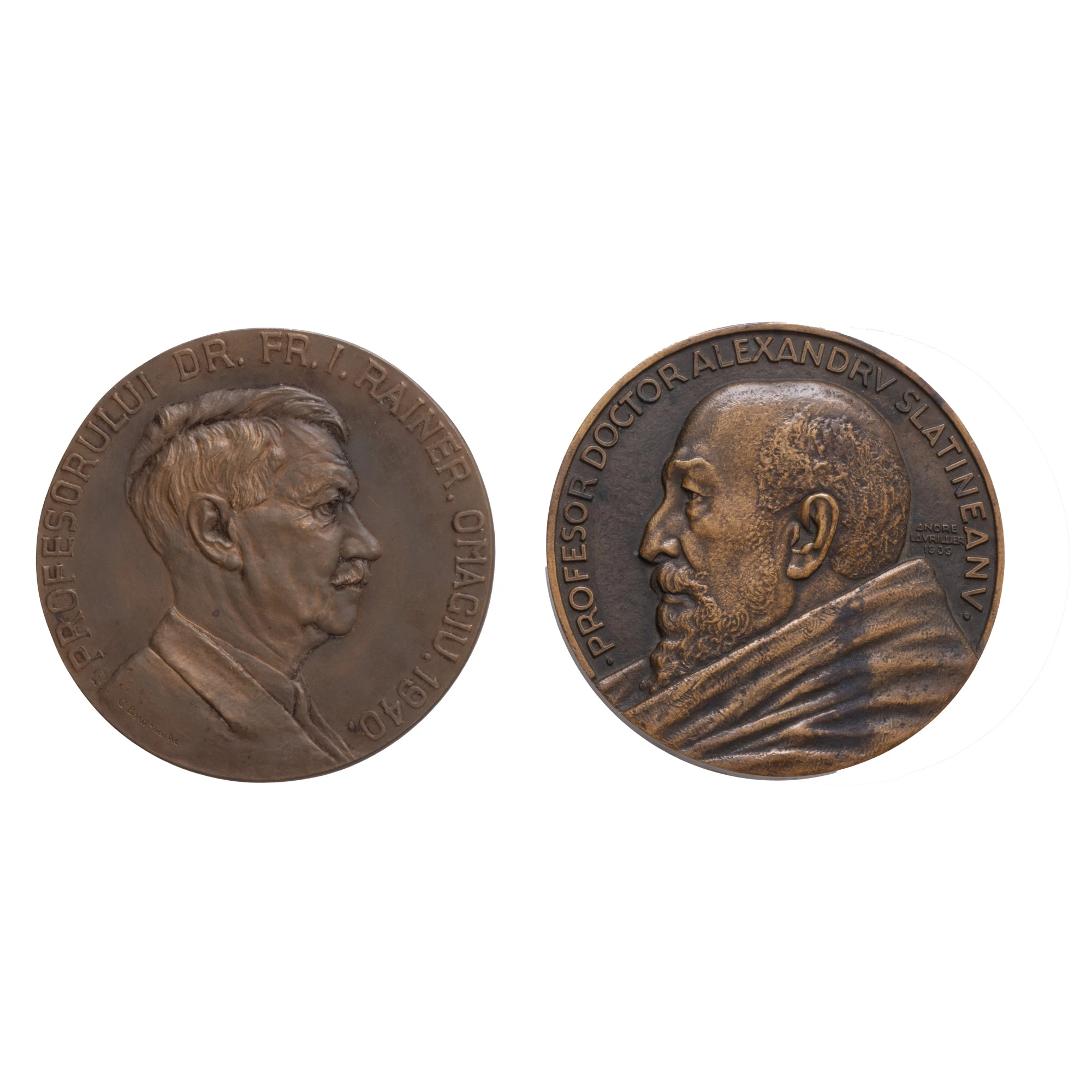 Lot format din medalia ”Omagiu profesorului Francisc I. Reiner”, gravor Aurel Bordenache, 1940, și medalia ”Omagiu profesorului doctor Alexandru Slătineanu”, gravor Andre Lavrillier, 1939