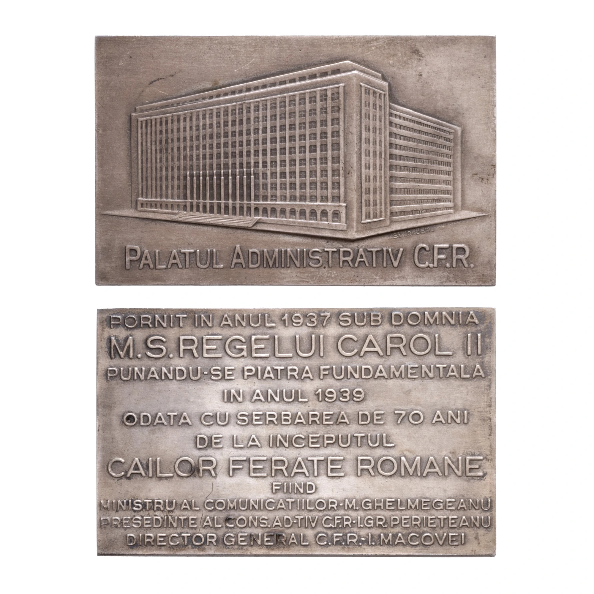 Placheta ”70 de ani de la înființarea CFR”, gravor Ștefan Iordan, 1939