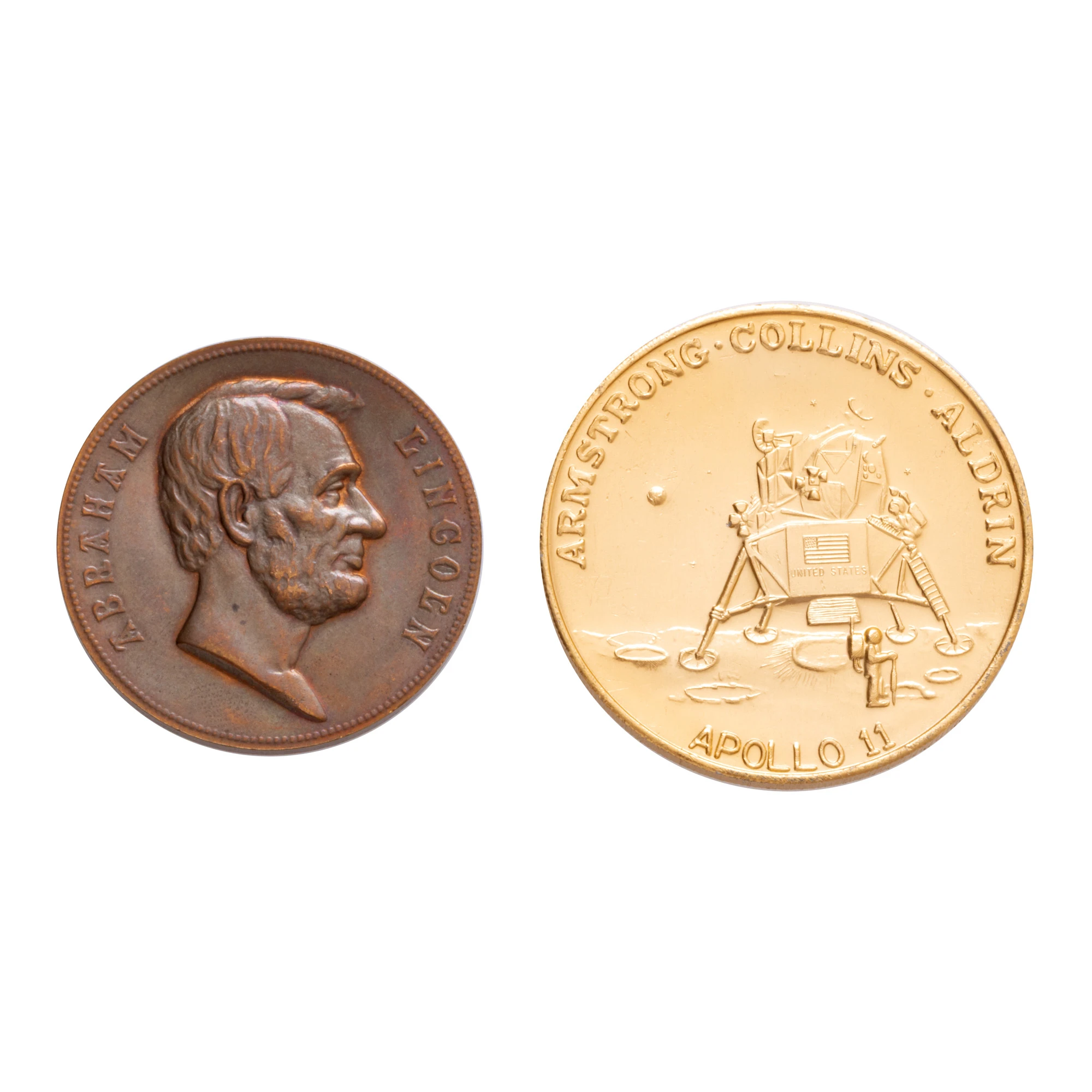 Lot format din medalie ”Primii pași pe lună”, 1969, și medalie ”Abraham Lincoln”, sec. XX