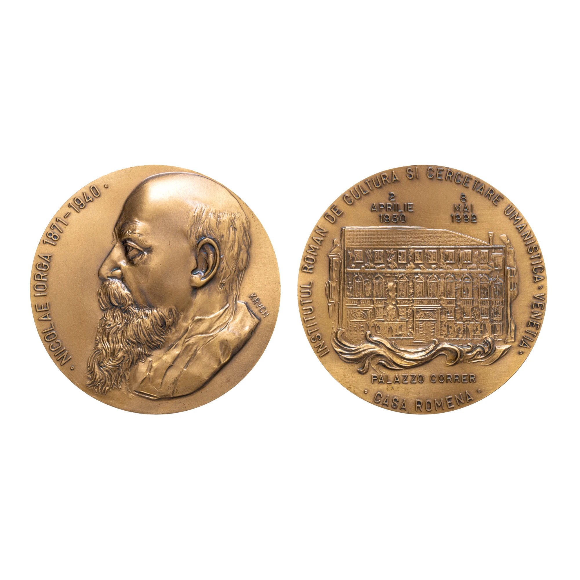 Medalia ”Nicolae Iorga, redeschiderea Institutului Român de cultură și cercetare umanistică de la Veneția”, gravor Kruch, 1992, în cutia originală