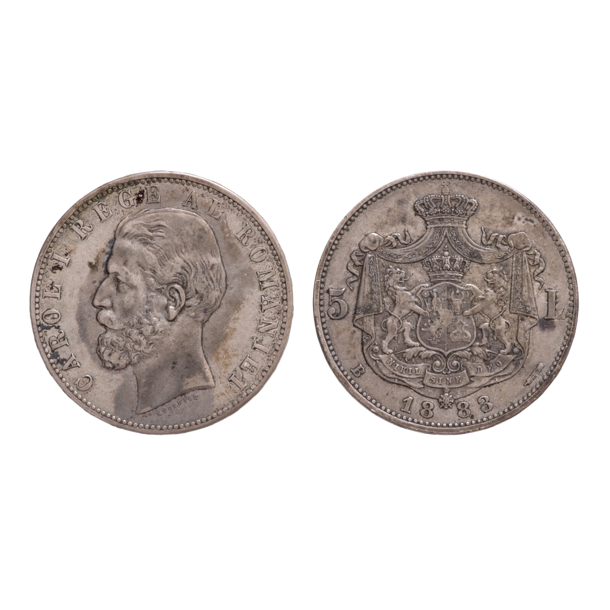 Monedă 5 Lei, Carol I, 1883, tipul cu dreptunghi la coroană, argint