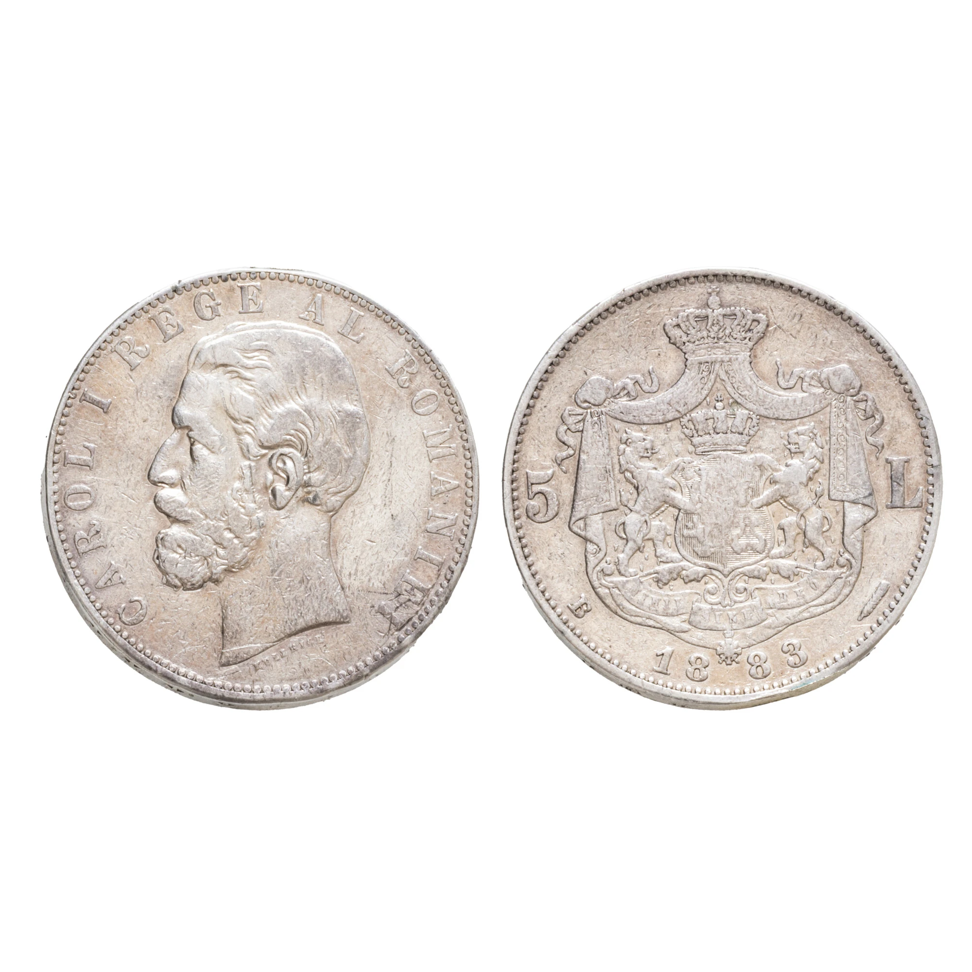 Monedă 5 Lei, Carol I, 1883, tipul cu romb la coroană, argint