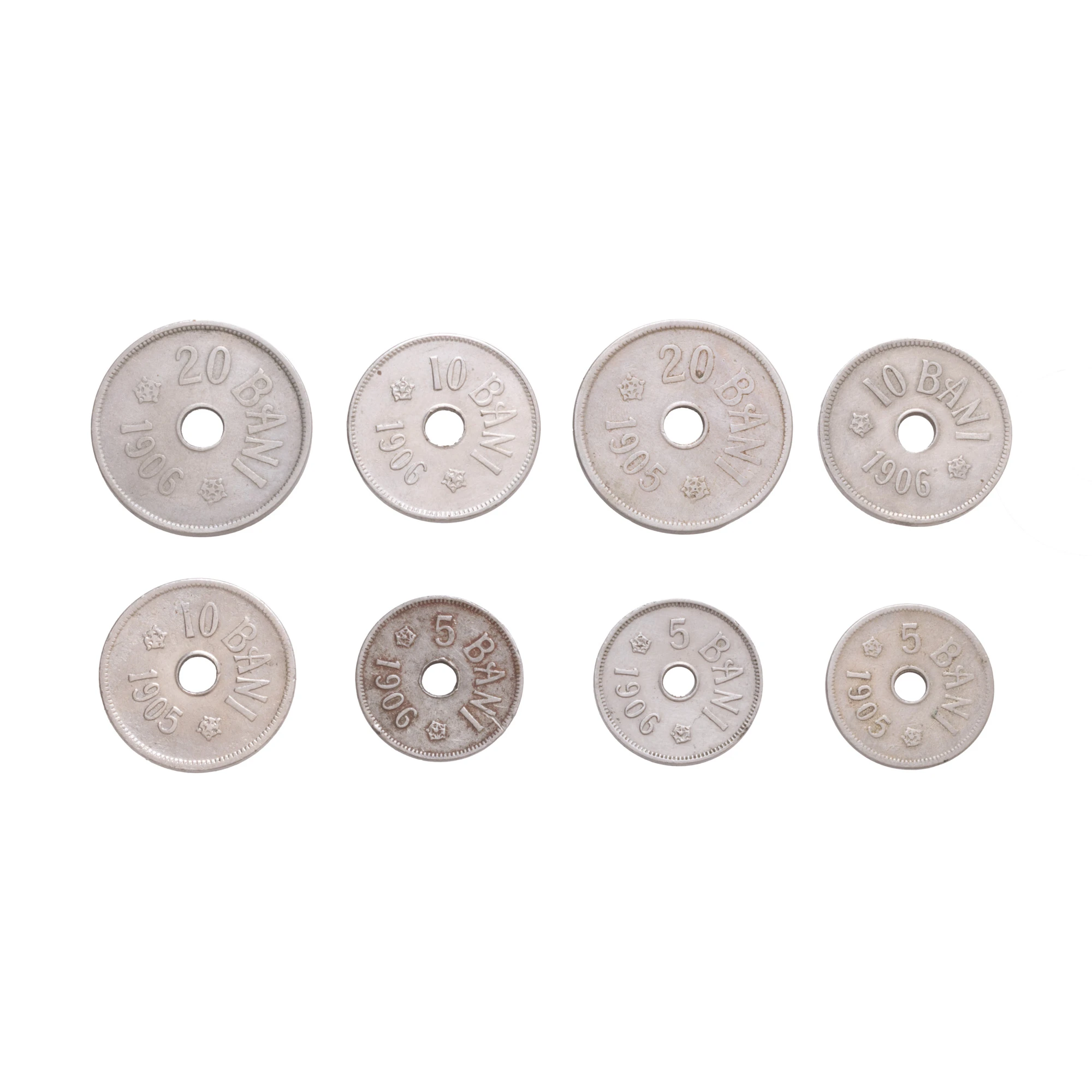 Lot format din opt monede, 5 Bani, 10 Bani, 20 Bani, Carol I, 1905-1906