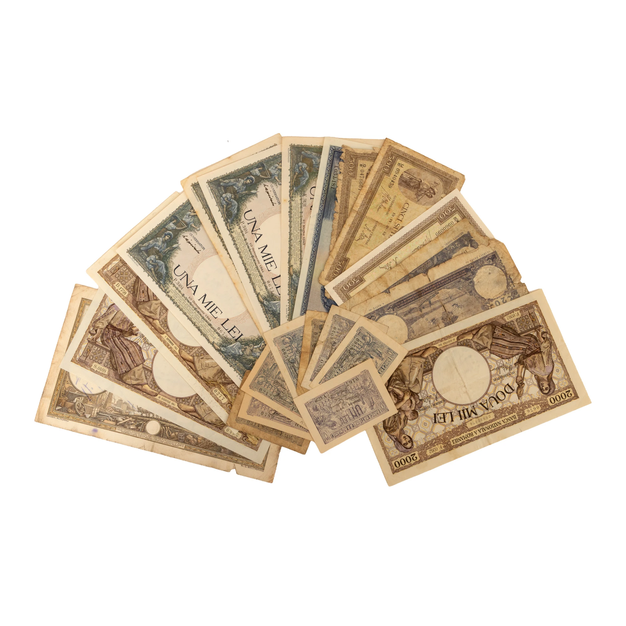 Lot format din 78 bancnote românești, diferite valori, cca. 1930-1952