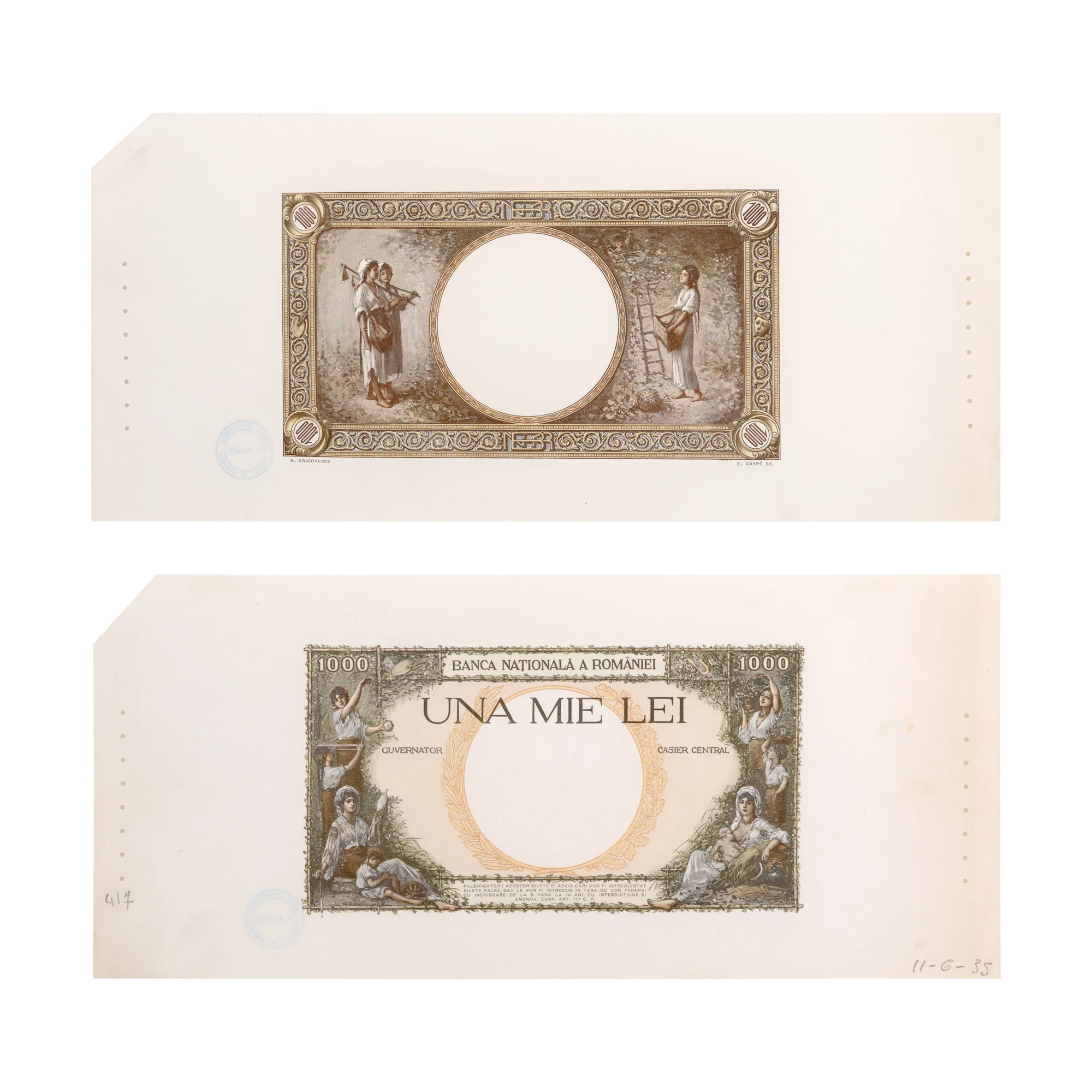 Pereche de probe, bancnota 1000 lei, 1936, 1935, atelier Eugene Gasperini