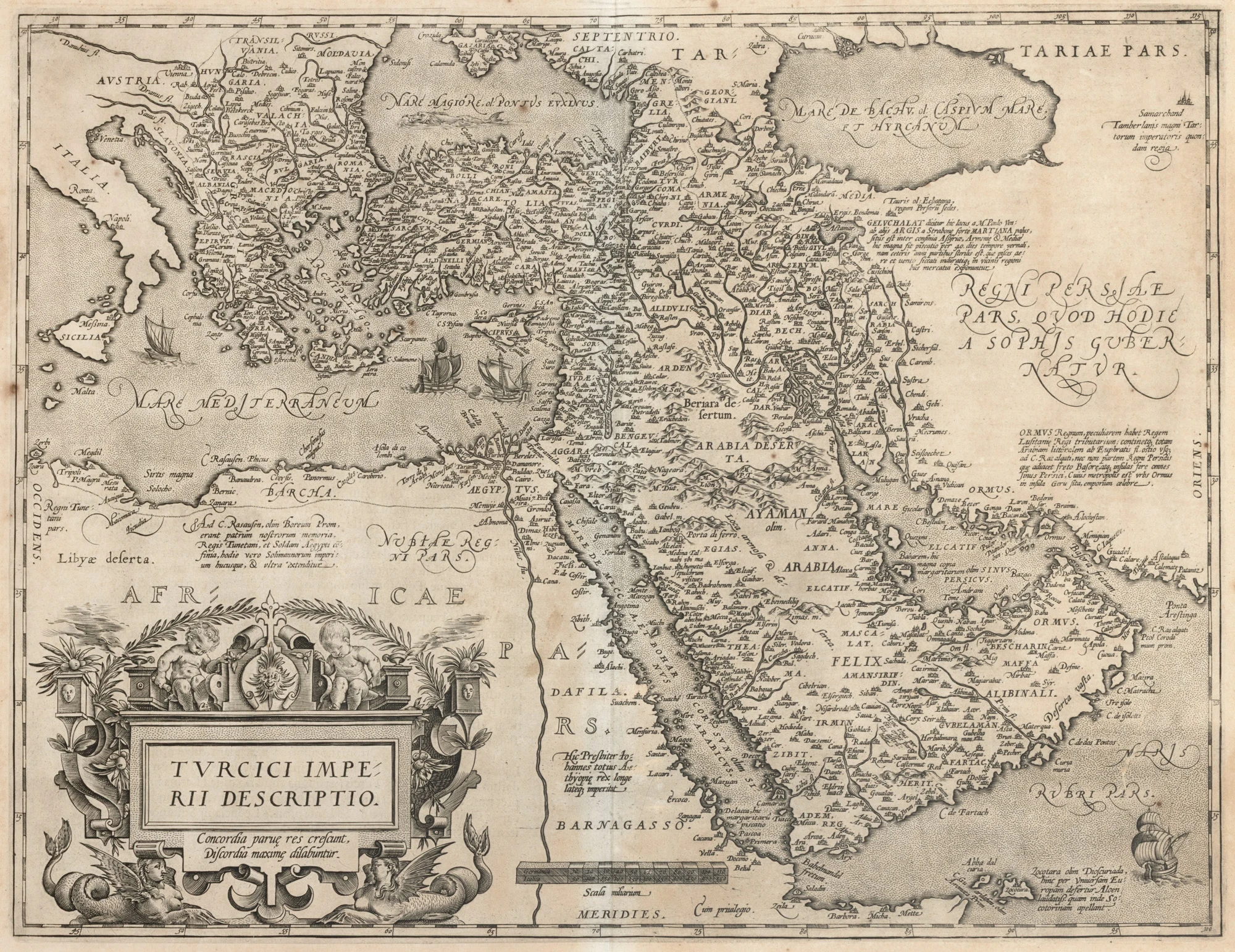 Hartă ”Imperiul Otoman”, de Abraham Ortelius, ediția Theatrum Orbis Terrarum, Antwerp, prima ediție în 1570