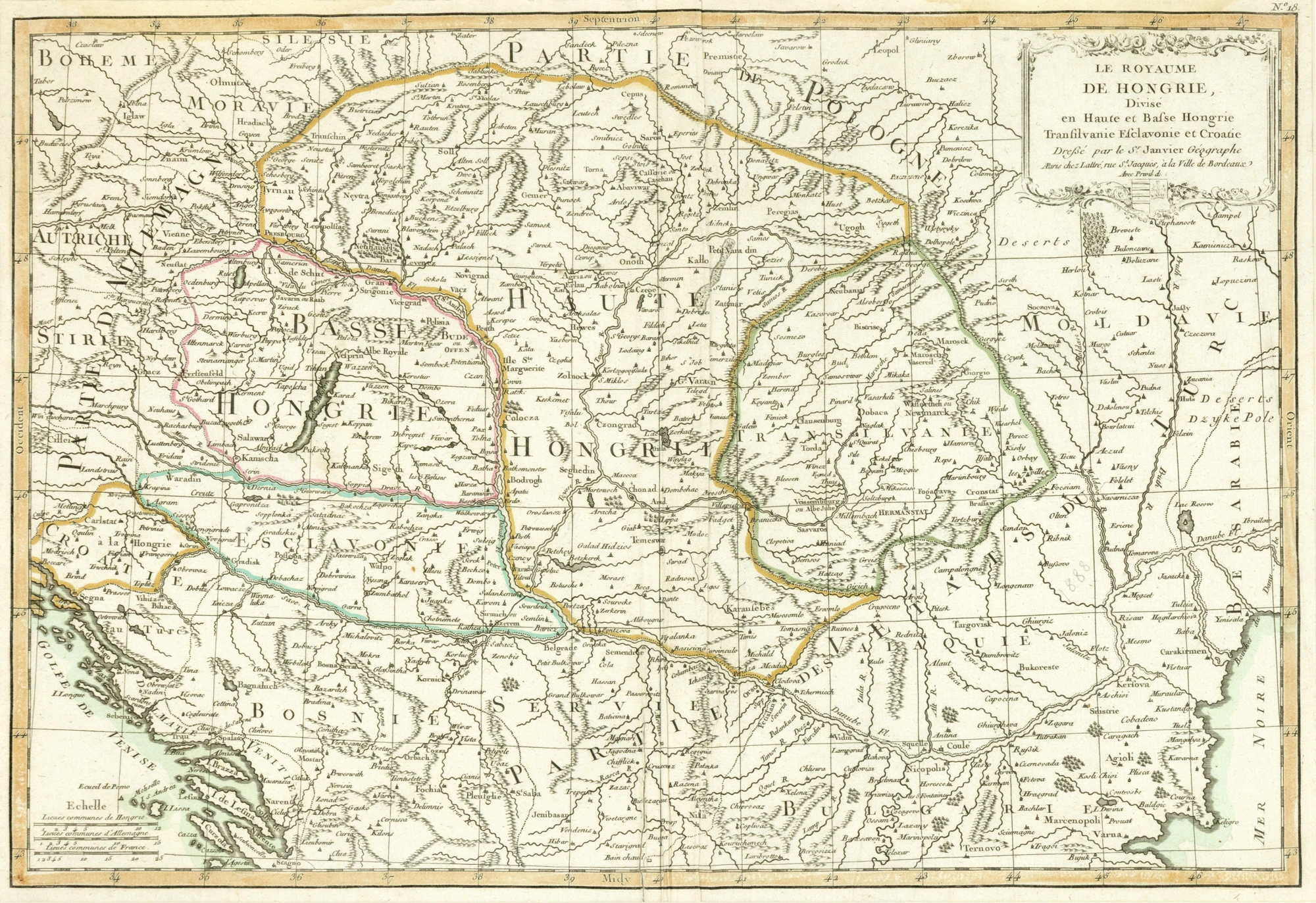 Hartă ”Regatul Ungariei împărțit în Ungaria Superioară și Inferioară, Transilvania, Esclavonia și Croația” de Jean Janvier, 1770