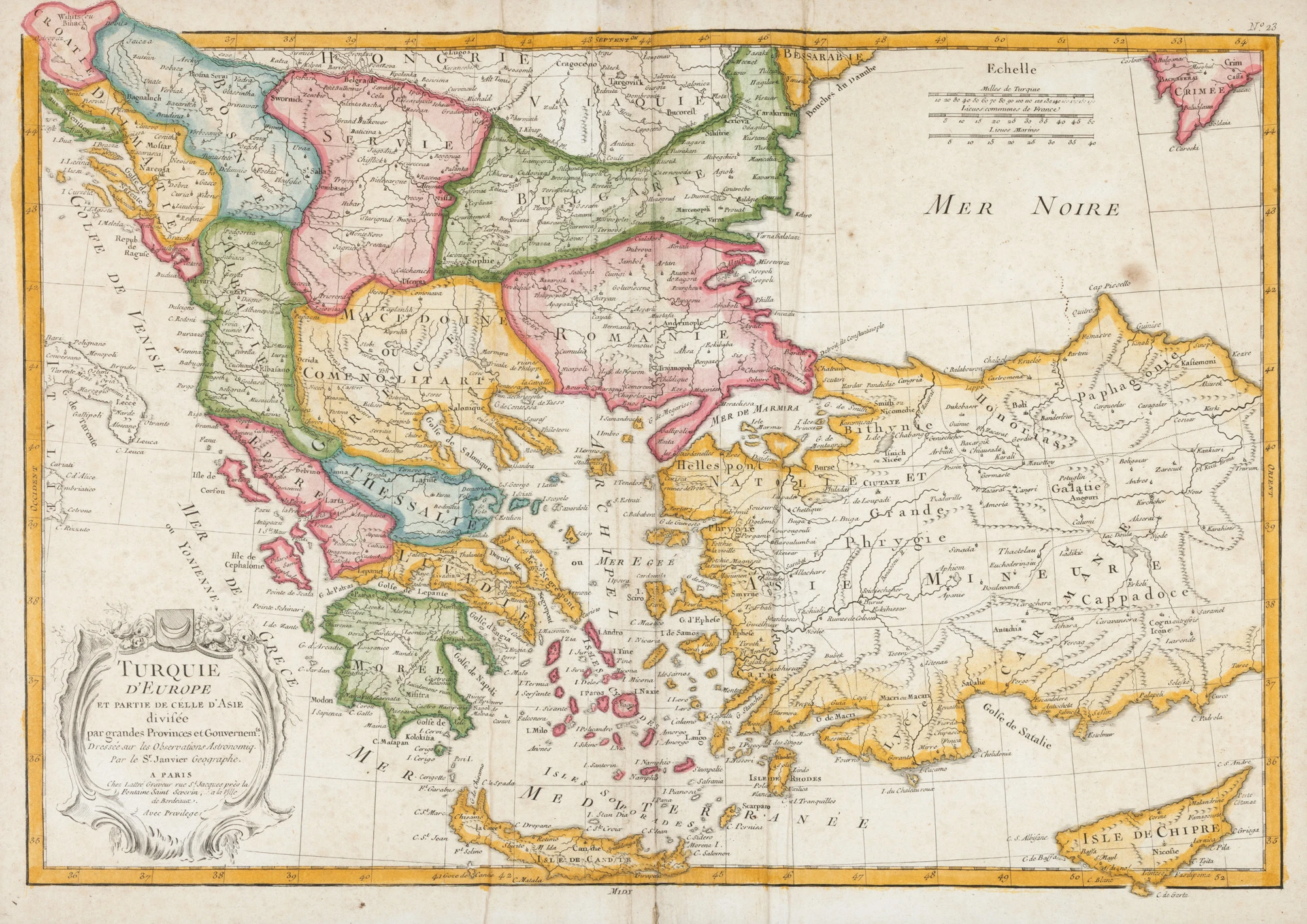Hartă ”Turcia Europeană și o parte a Turciei asiatice”, realizată de Jean Janvier, publicată de Jean Lattré, Paris, 1775