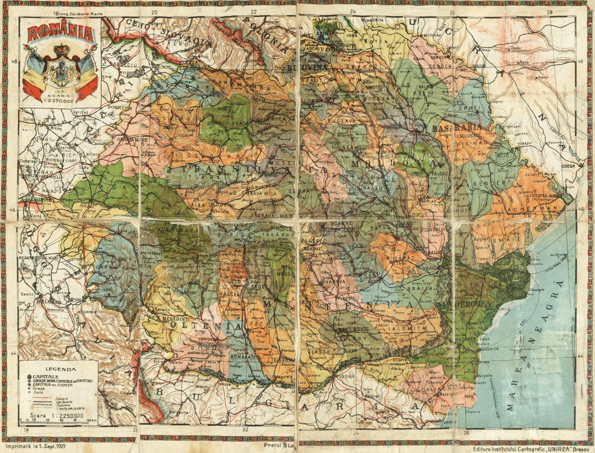Hartă ”România Mare”, editor Institutul Cartografic Unirea, Brașov, 1921
