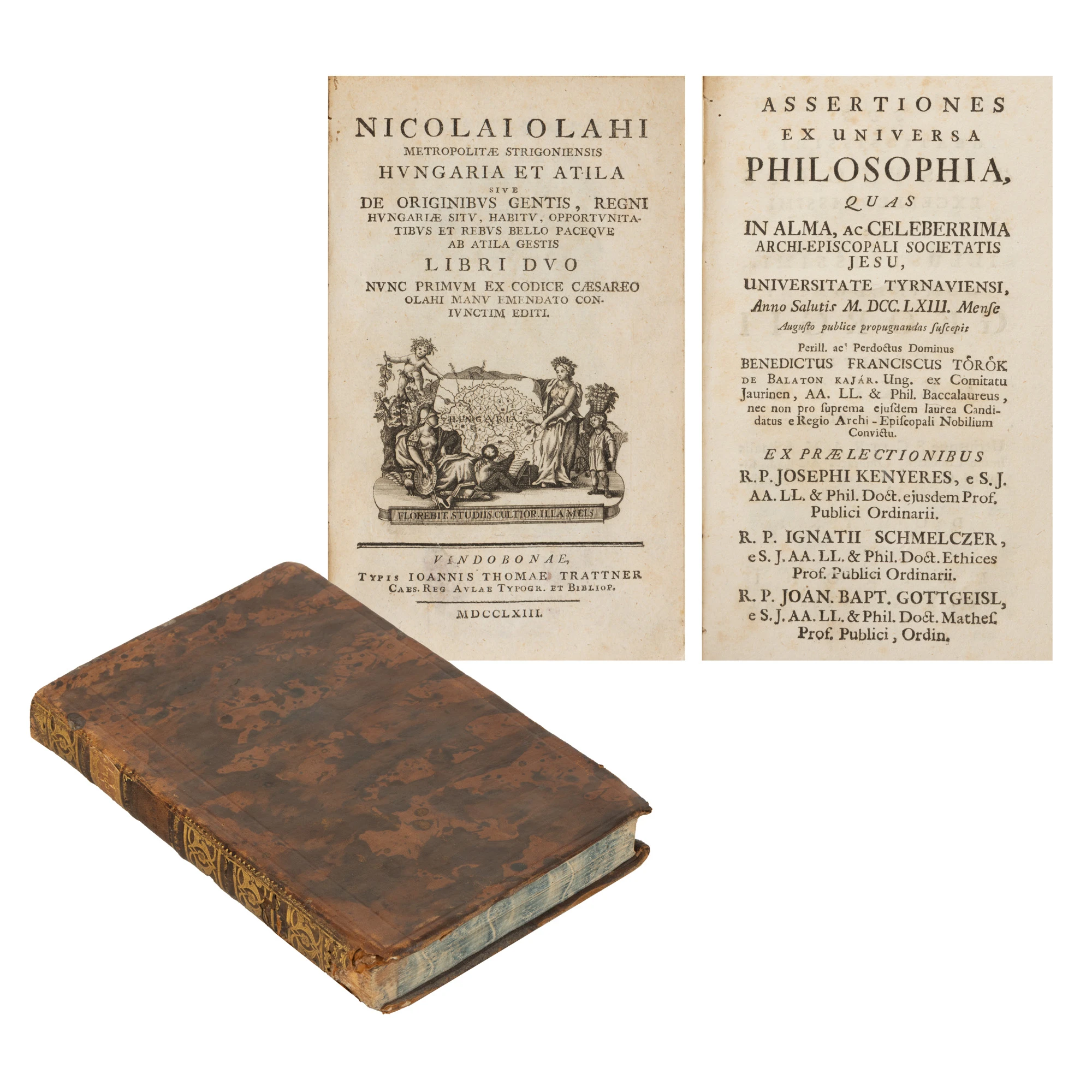 ”Ungaria și Atila” (Hungaria et Atila), de Nicolae Olahus, latină, ediție princeps, Viena, 1763, cu ex-libris Mathias Stix