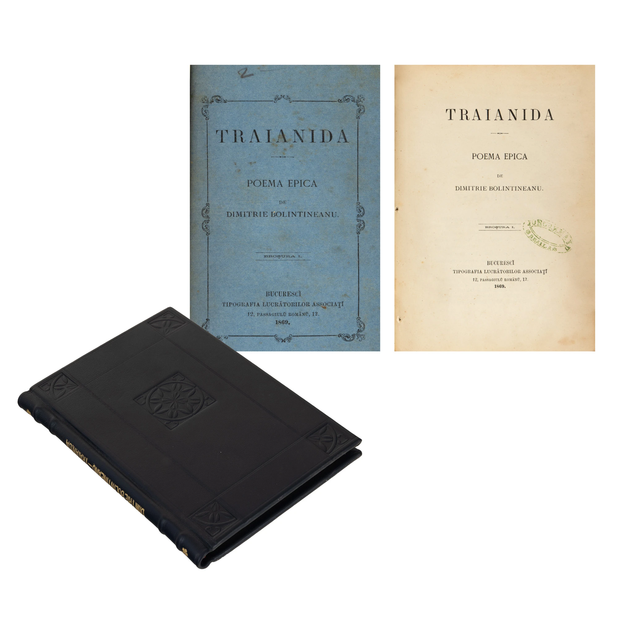 ”Traianida”, de Dimitrie Bolintineanu, ediție princeps, București, 1869, cu ex-libris de proprietate