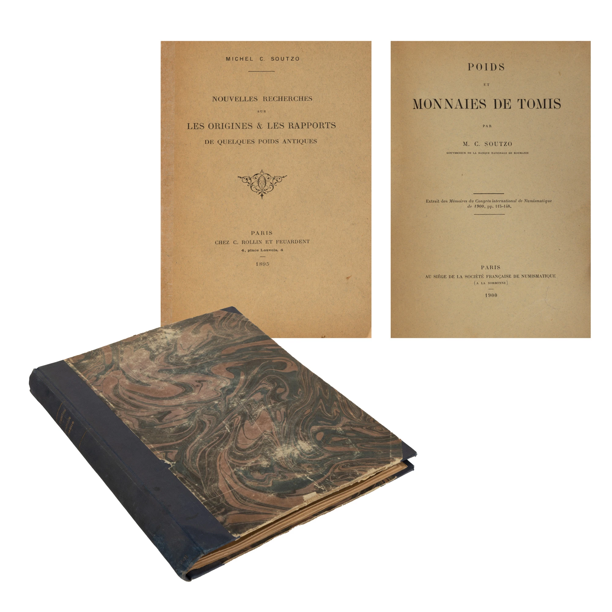 Colegat studii de numismatică publicate de Mihail Șuțu, ”Noi cercetări privind originile și raporturile unor greutăți antice”, franceză, Paris, 1895, cu dedicația și semnătura olografe ale autorului, ”Greutăți și monede de la Tomis”, franceză, Paris, 1900, ”Mina de la Perinthus”, București, 1905, ”Supliment la studiul minei din Perinthos”, franceză, București, 1912, ”Ponduri și monede inedite din orașele noastre pontice”, București, 1916, ”Rapoartele ședințelor din anul 1919”, franceză, Paris, 1919, ”I. Evoluția pondurilor în antichitate. II. Monedele de bronz romane din perioada Principatului”, franceză, București, 1921, ”Bazele fundamentale ale metrologiei pondurilor în antichitate”, franceză, București, 1930, ”Originile Asiro-Chaldeene ale greutăților romane”, București, 1909, ”Norma ponderală de la Perinthus”, București, 1912, ”Originile Asiro-Chaldeene ale pondurilor romane”, franceză, București, 1909, ”Studiul monumentelor ponderale din Susa”, franceză, Paris, 1911, cu semnătura olografă a lui Constantin Moisil