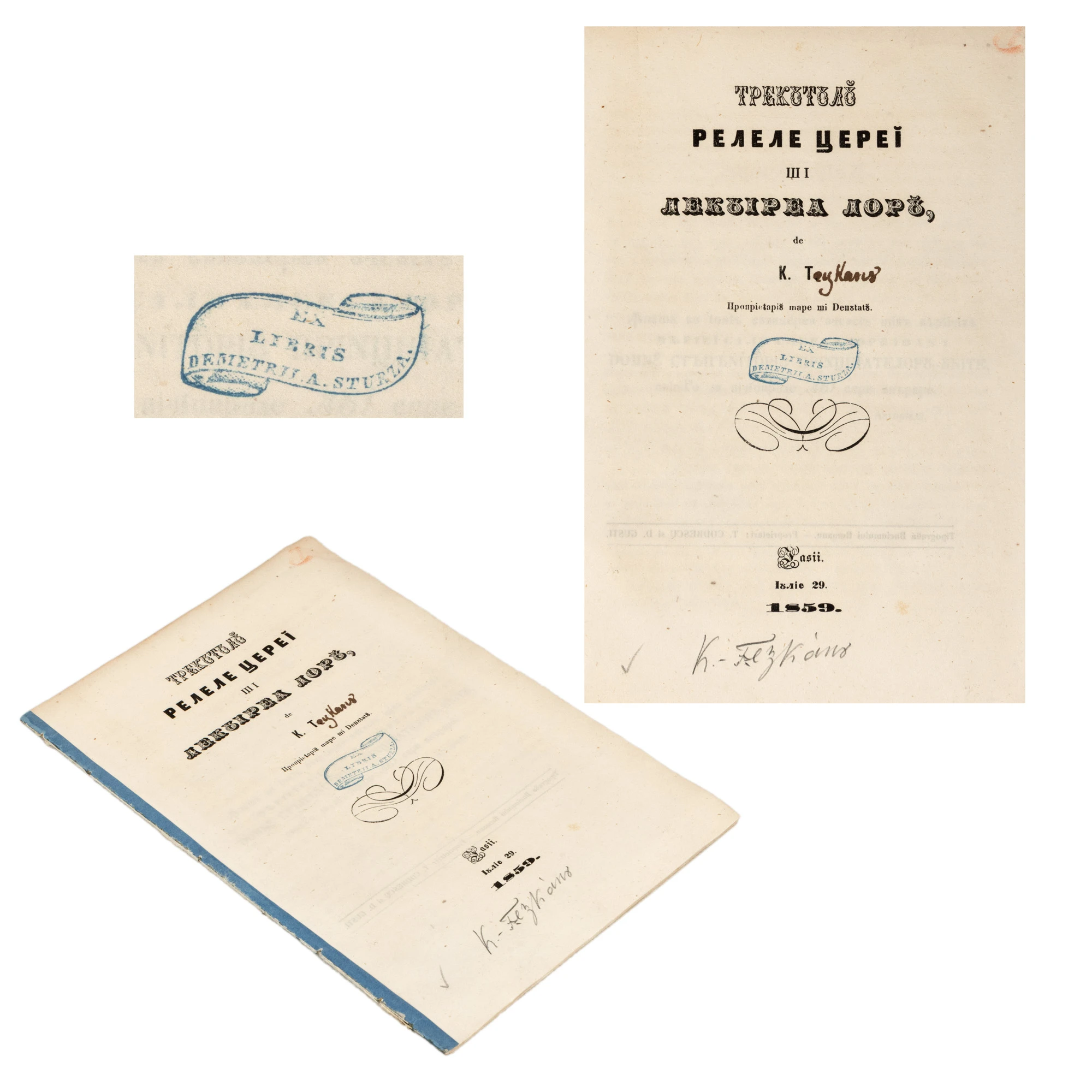 ”Trecutulu relele țerei și lecuirea loru”, de Costache Rosetti-Tețcanu, Iași, 1859, cu ex-libris Dimitrie A. Sturza