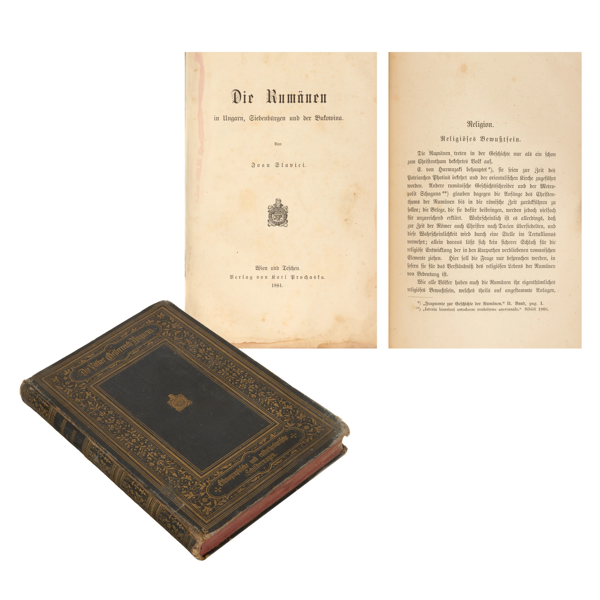 ”Românii din Ungaria, Transilvania și Bucovina”, de Ioan Slavici, ediție princeps, germană, Viena și Leipzig, 1881, cu ex-libris, exemplar bibliofil