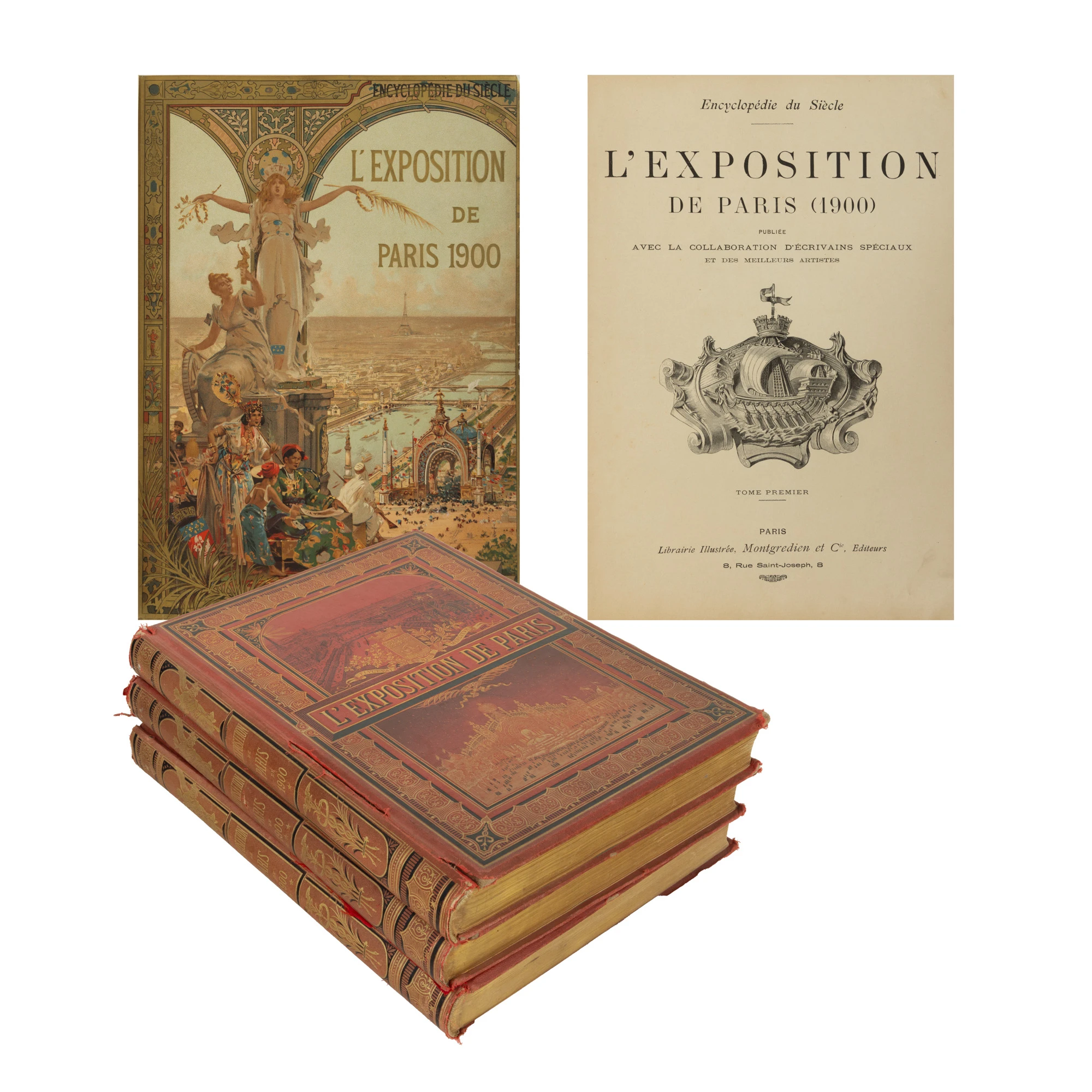 ”Expoziția de la Paris (1900)”, franceză, trei volume, Paris, cca. 1900, exemplare bibliofile