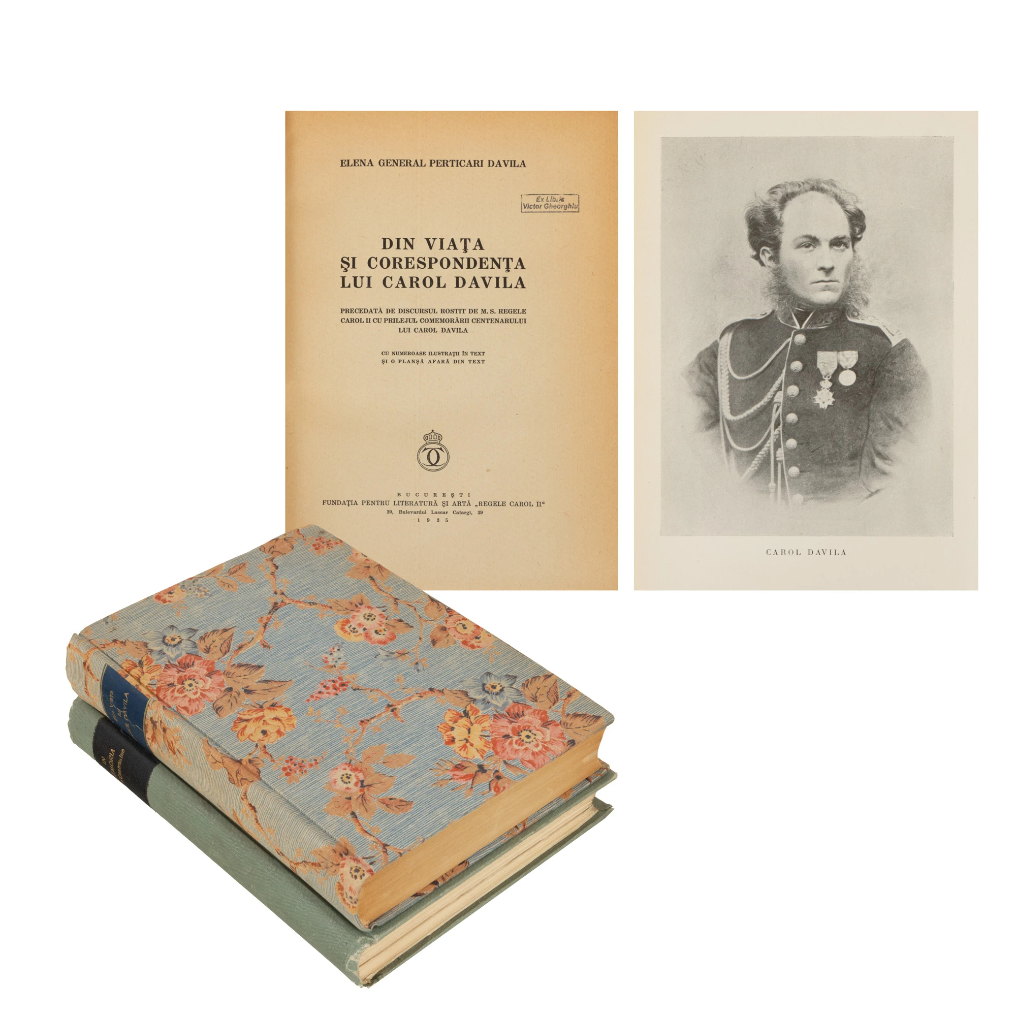 Lot format din două volume ”Din viața și corespondența lui Carol Davila”, de Elena General Perticari Davila, București, 1935 și ”În memoria profesorului Ioan Cantacuzino”, București, 1934