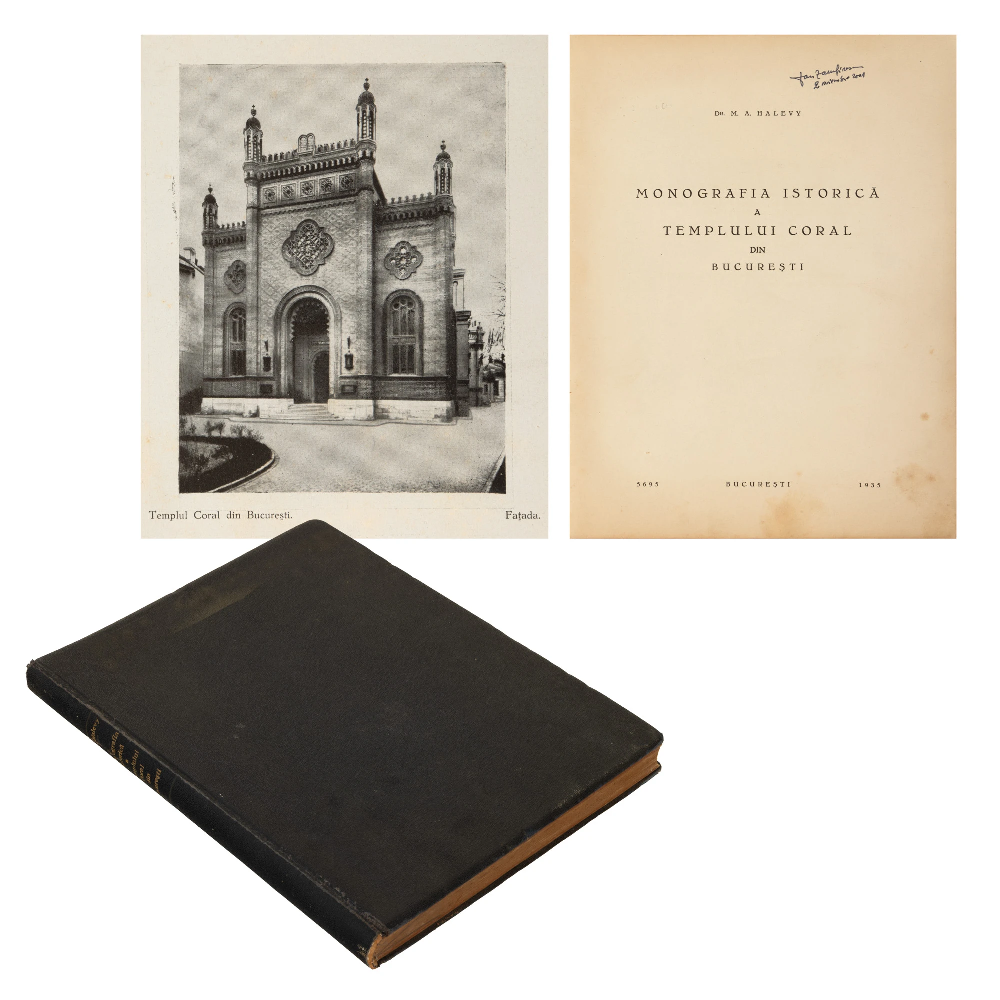 ”Monografia istorică a Templului Coral din București”, de Meyer Abraham Halevy, ediție princeps, București, 1935, exemplar 50/120, cu ex-libris Dan Zamfirescu, piesă foarte rară, de colecție