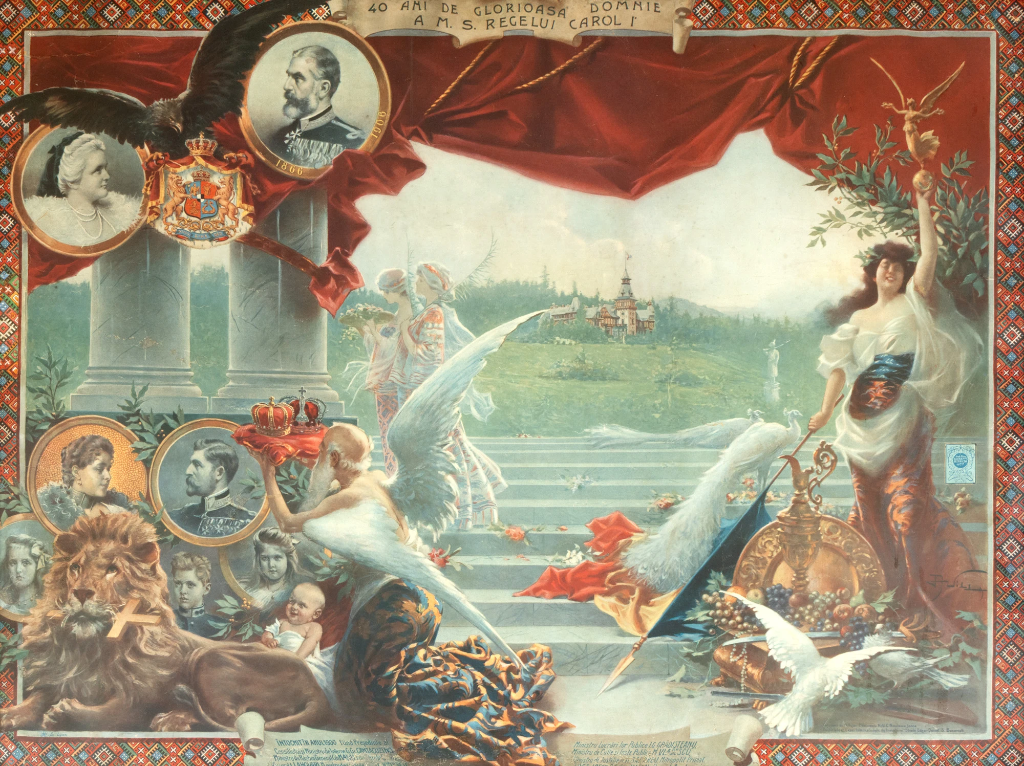 Splendid afiș cromolitografic, ”40 de ani de glorioasă domnie a M.S. Regelui Carol I”, București, 1906, semnat în tipar A. Hill, piesă rară, de colecție