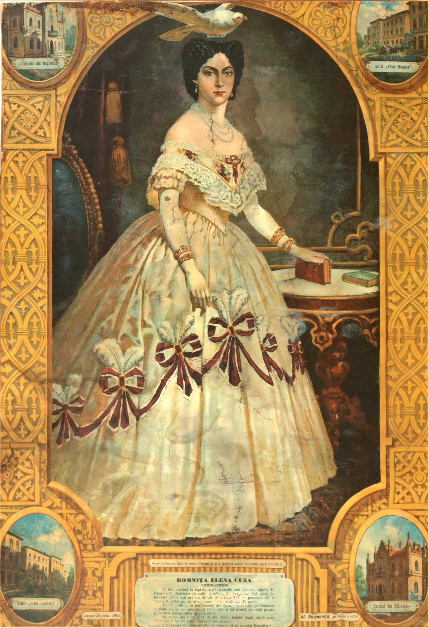  Cromolitografie ”Elena Cuza”, de Alexandru Resmeriţă, 1909, realizată cu ocazia împlinirii a 50 de ani de la Unirea Principatelor 